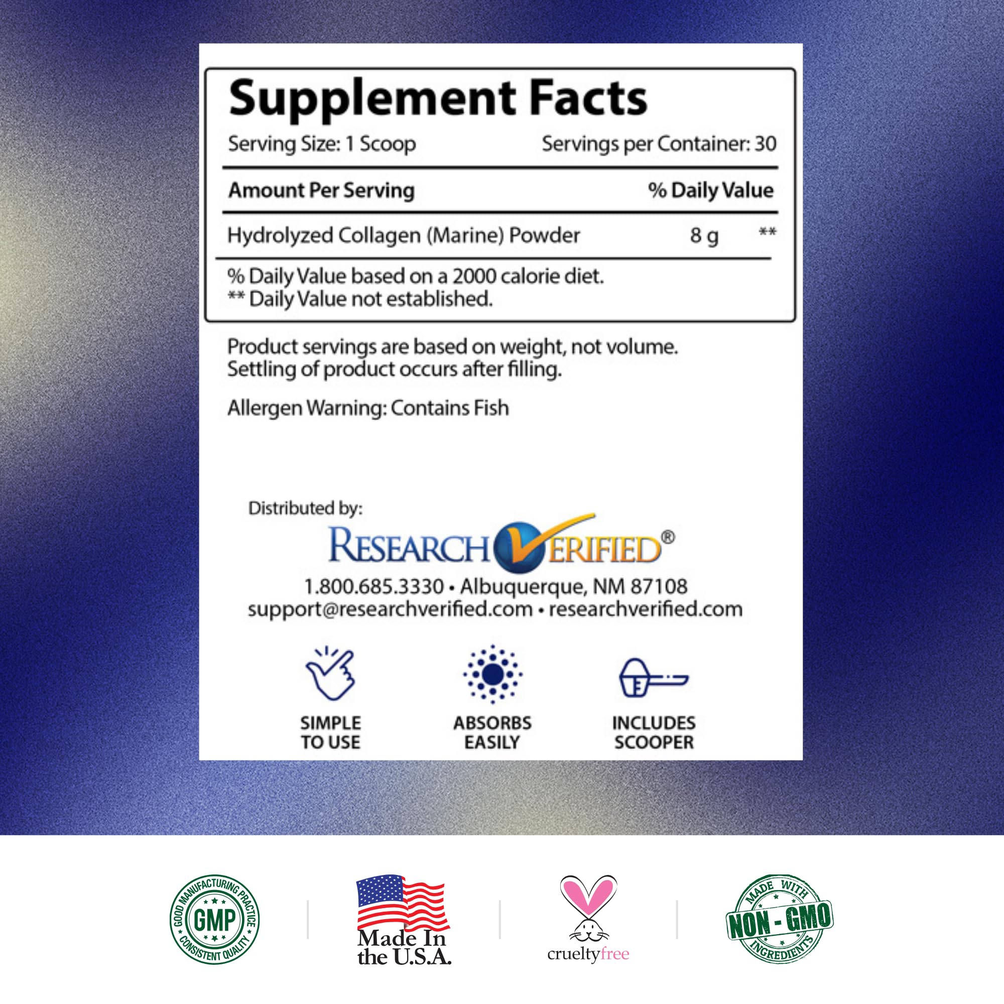 Research Verified® Hydrolyzed Marine Collagen Powder - Unflavored Collagen Supplement for Skin Hydration, Elasticity & Muscle Recovery - Non-GMO, 30 Scoops (3 Month Supply) - Perfect for Post-Workout Recovery & Anti-Aging Skincare Routine