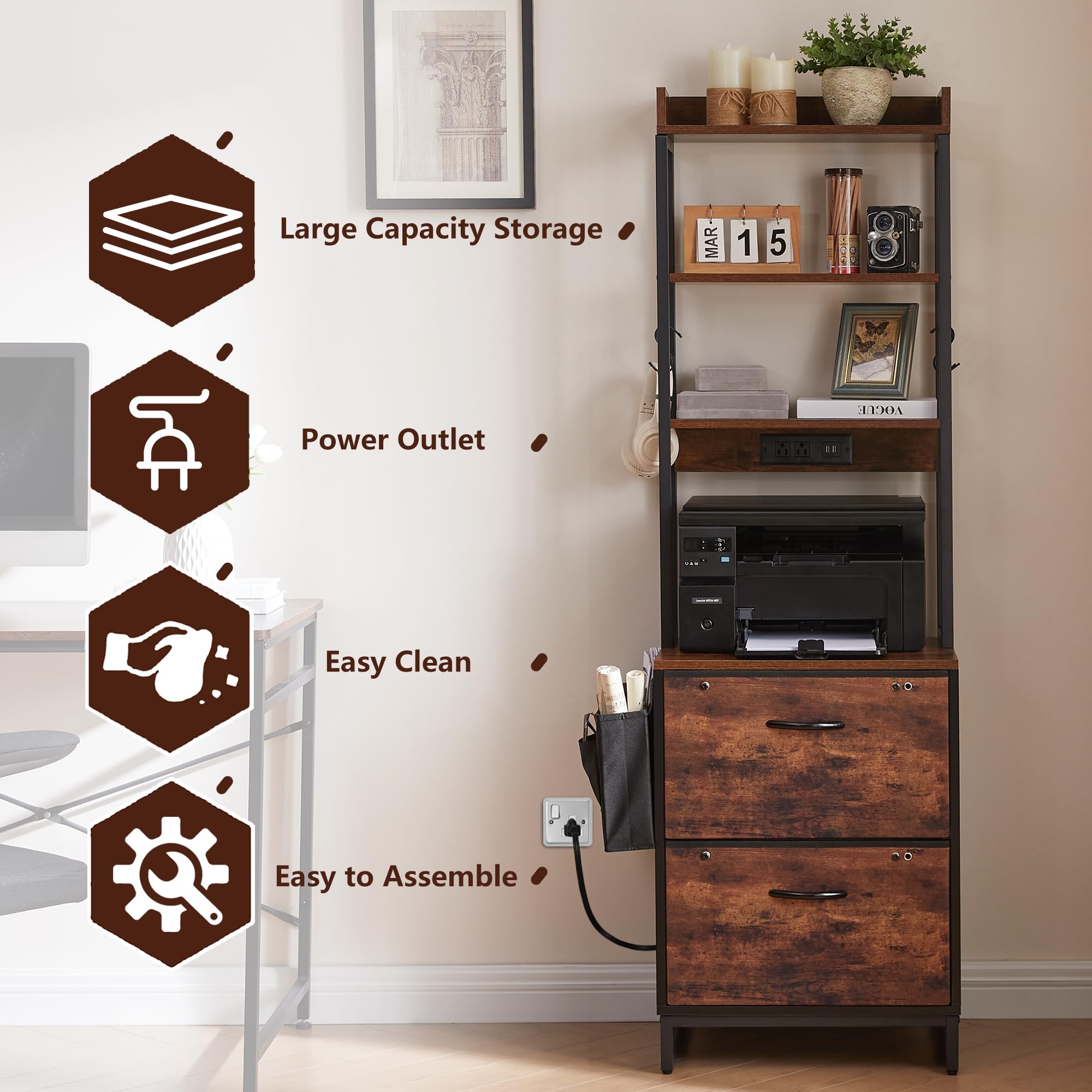 2-Drawer File Cabinet with Adjustable Hanging Folders & Storage Shelf - Letter/A4 Size Office Storage with Built-in Power Outlet - Perfect for Home Office, Study Room & Small Workspaces