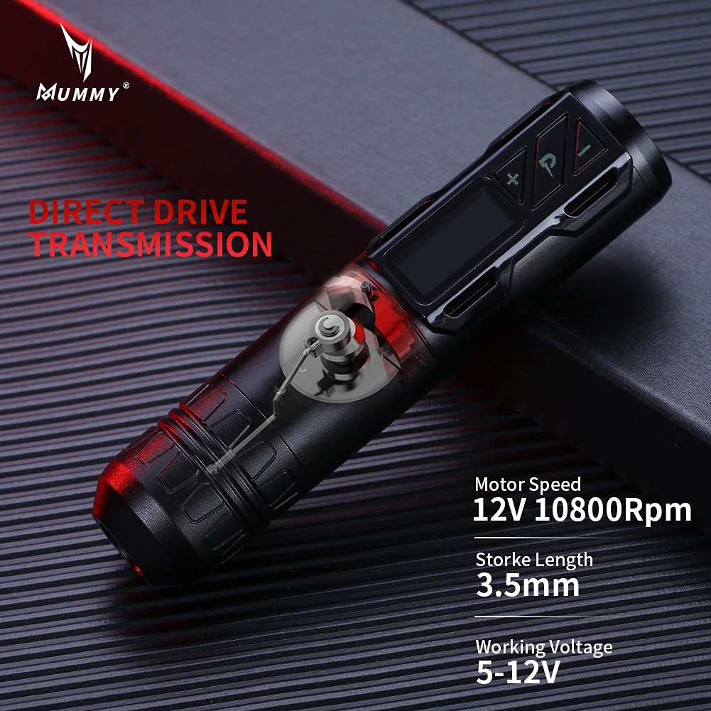 Professional Mummy Tattoo Rotary Pen Machine - 1800mAh Battery, Coreless Motor, LED Display - Cartridge Tattoo Equipment for Artists (Black) | Perfect for Tattoo Shops, Home Studios & Professional Tattoo Artists