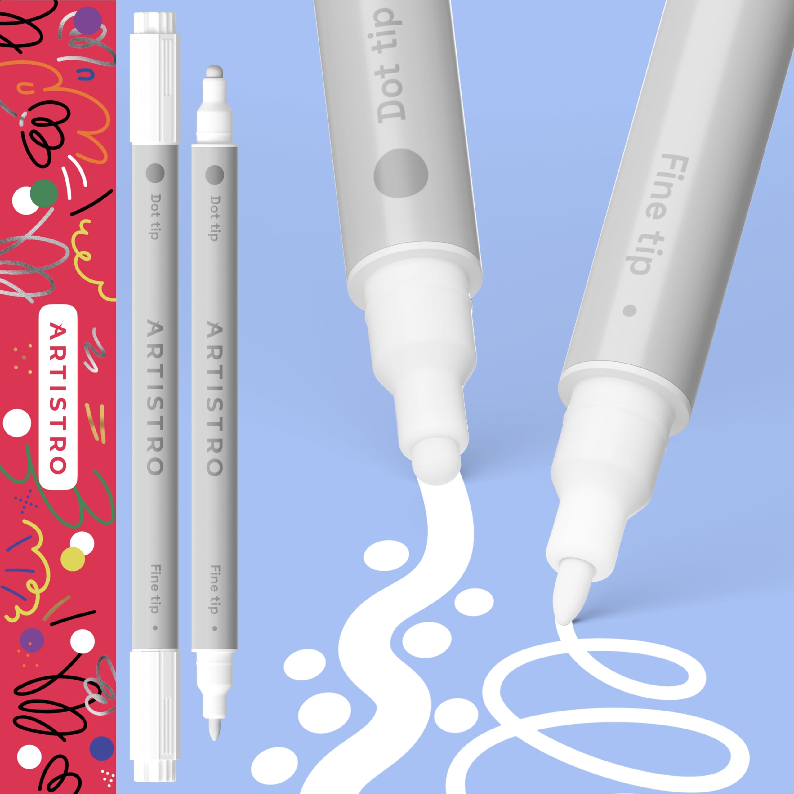 ARTISTRO 2-Pack White Acrylic Paint Pens - Dual Tip Markers (1mm Fine & 5mm Dot) for Fabric, Canvas, Rock, Glass, Wood, Paper - Perfect for DIY Crafts, Home Decor, Kids Art Projects & Adult Painting