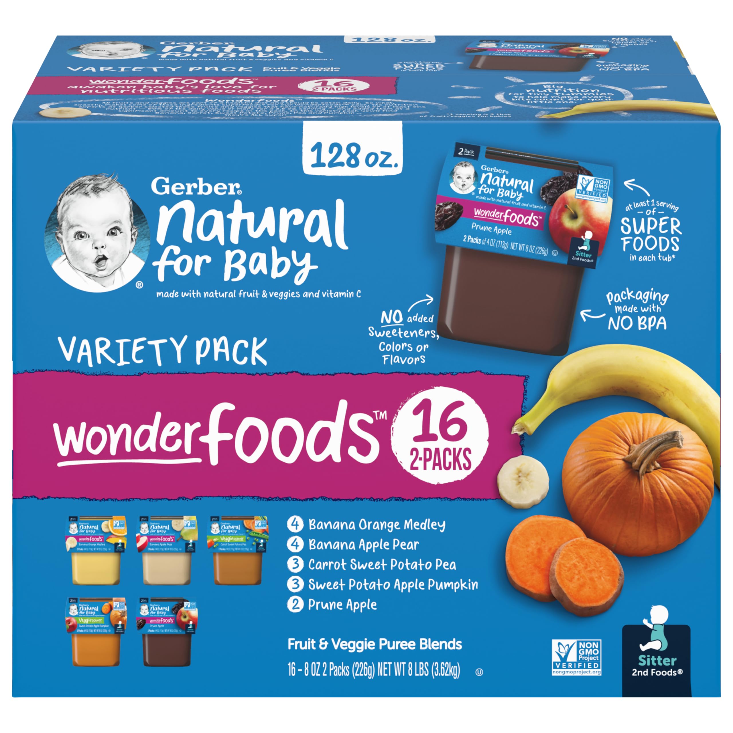 Gerber 2nd Foods Natural Baby Food Variety Pack - 32 Pack of 4 oz Tubs | Organic Fruit & Vegetable Puree for Infants & Toddlers | Perfect for On-the-Go Feeding, Daycare & Travel Snacks