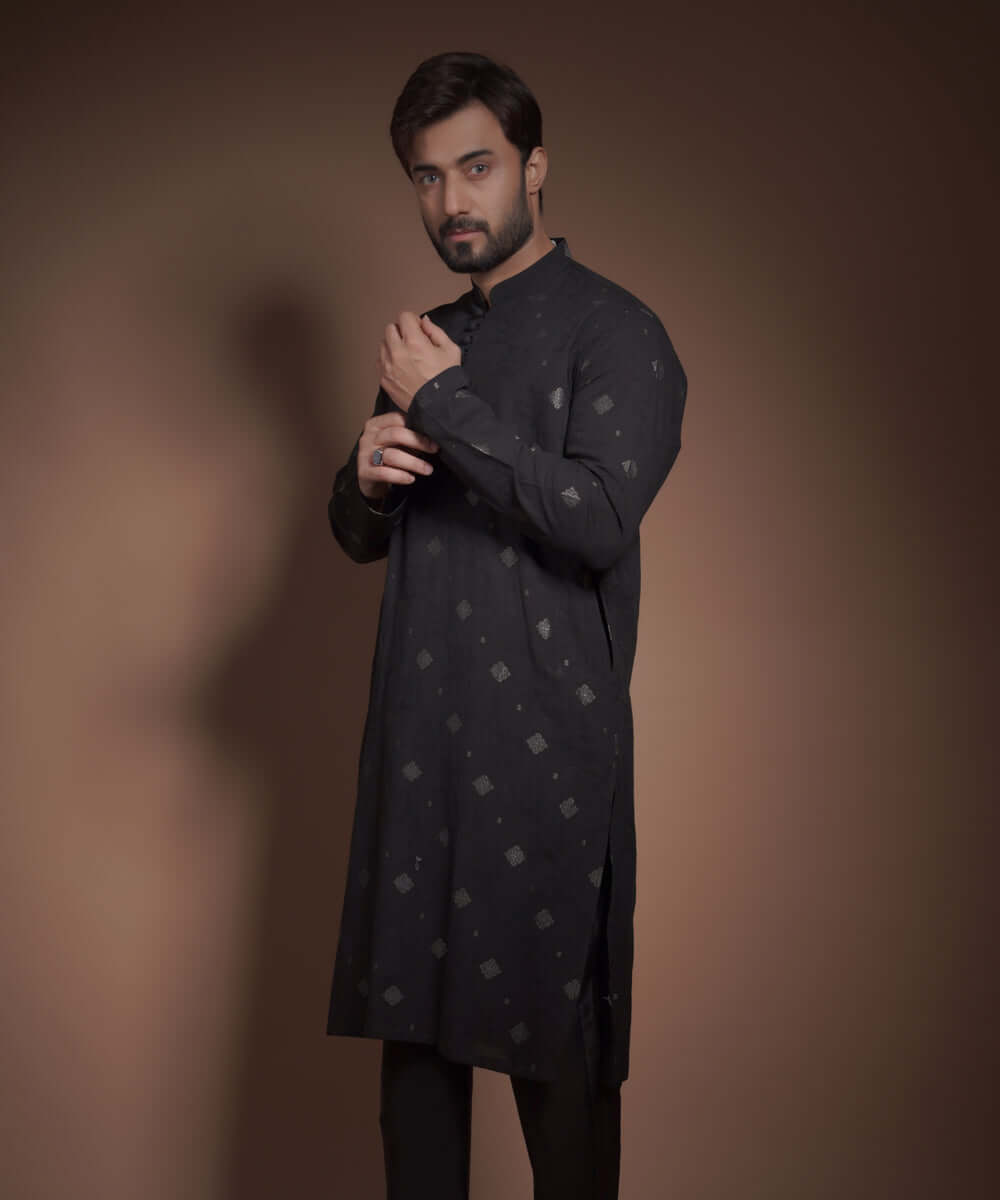 Stylish Jet Black Cotton Jacquard Kurta for Men - Comfortable & Breathable Traditional Indian Tunic for Festivals, Weddings & Casual Wear