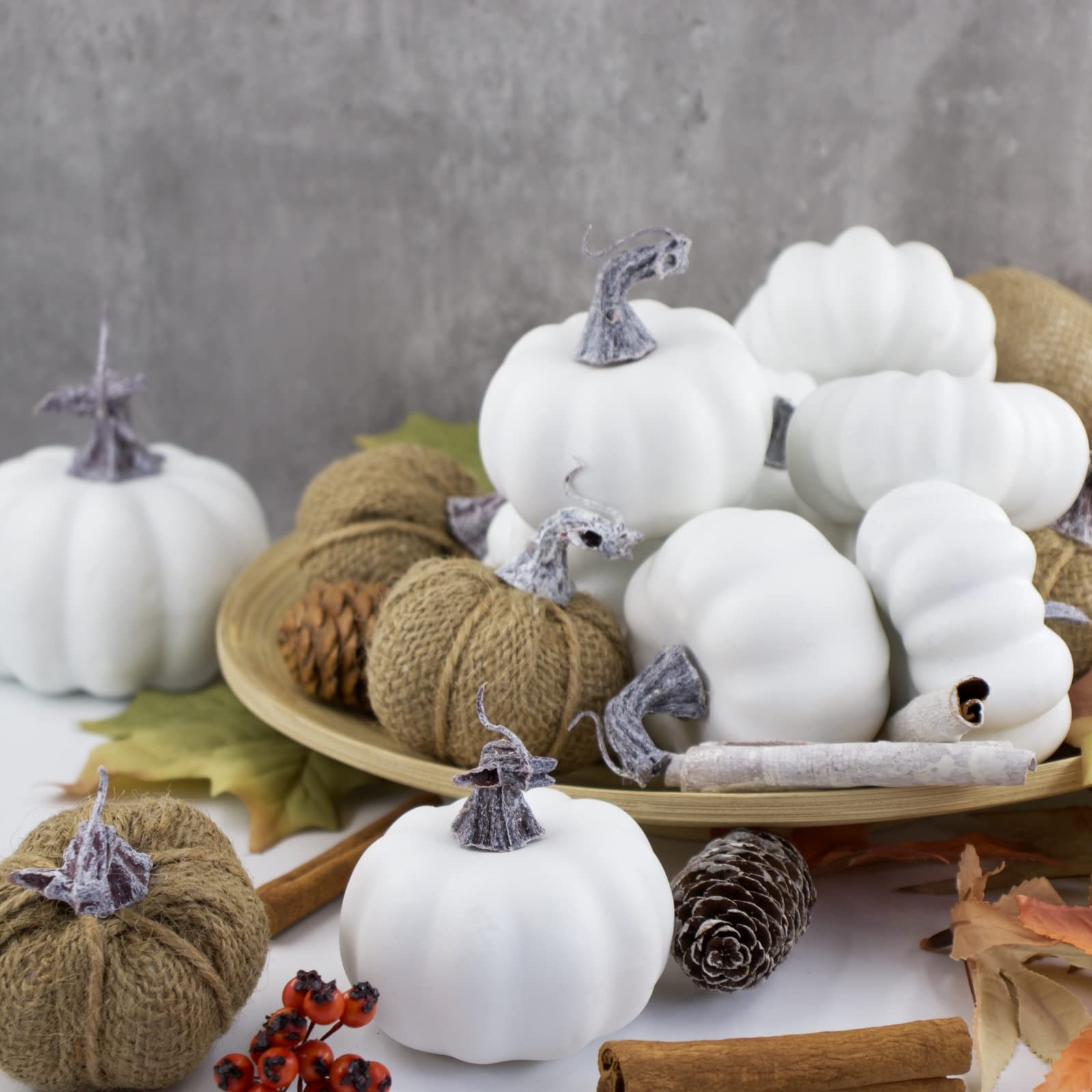 18 PCS Burlap White Pumpkins - Thanksgiving & Fall Table Centerpiece Decor, Rustic Farmhouse Home Decor, Artificial Fake Pumpkins for Harvest Season, Wedding & Holiday Decorations | Perfect for Autumn Tablescapes, Thanksgiving Dinner Party, and Seasonal Home Styling