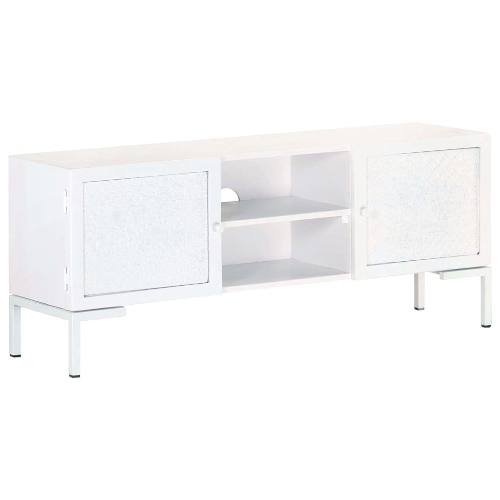 Solid Mango Wood TV Stand 45.3 Inch - Modern Entertainment Center with Storage & Cable Management - Easy Assembly White Media Console for Living Room - Perfect for Flat Screen TVs & Home Theater Setup