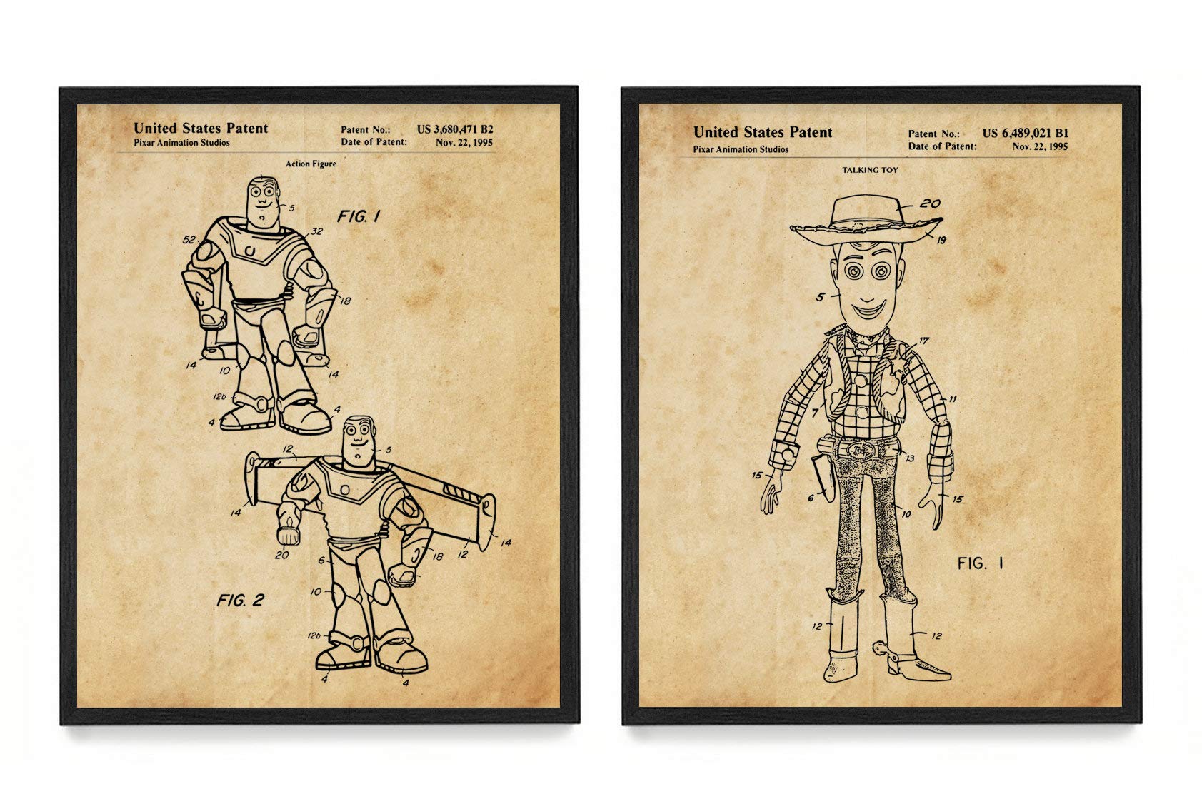 Toy Story Patent Poster Prints Set of 2 - 16x20 Framed Wall Art for Kids Room & Nursery - Woody & Buzz Lightyear Decor - Perfect for Disney Themed Bedrooms & Playrooms