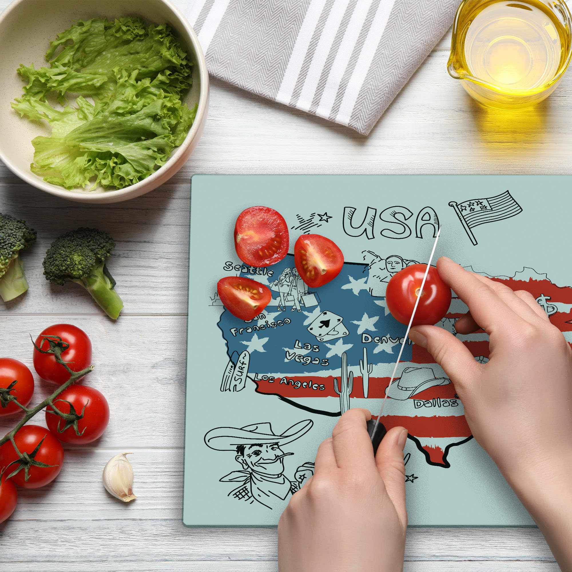Ambesonne American Flag Cutting Board - Hand Drawn USA Map with All 50 States, Texas Cowboy Themed Tempered Glass Serving Board (Large Size, White Blue Red) - Perfect for Kitchen Decor, BBQ Parties & Patriotic Gift Giving