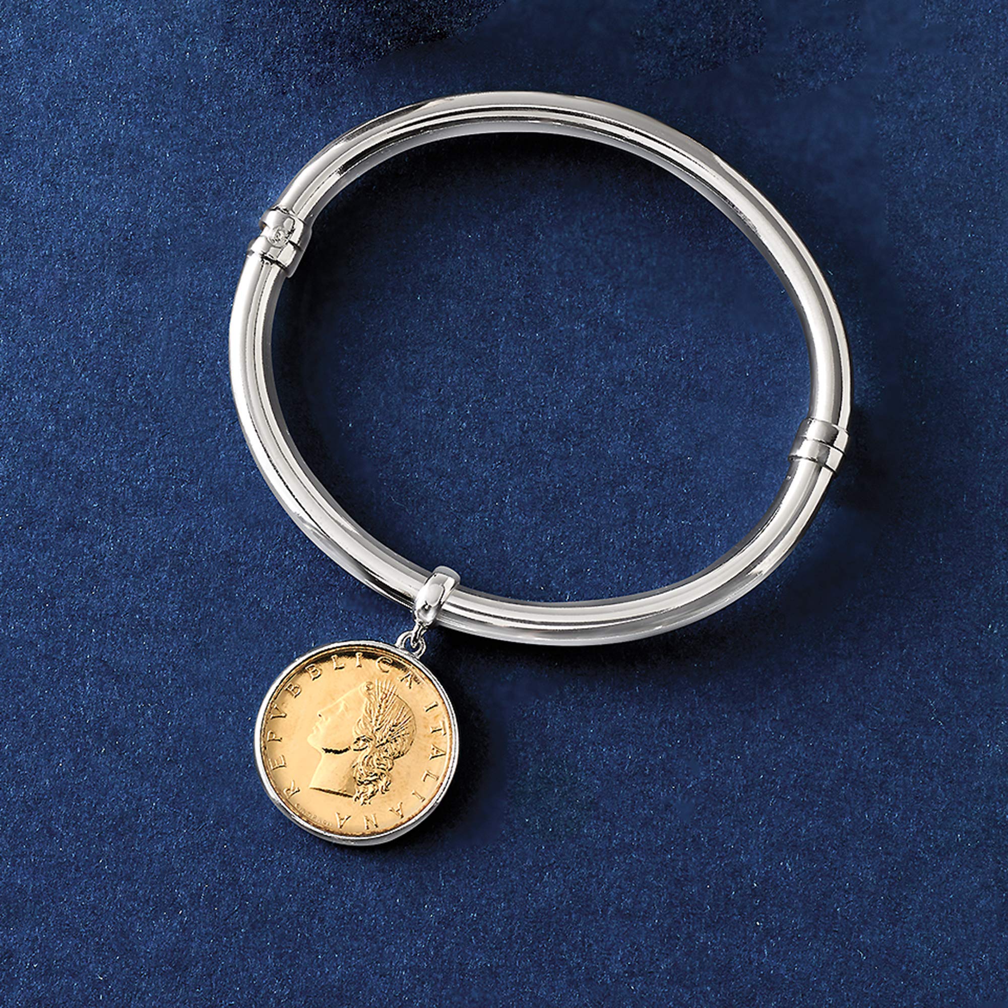 Ross-Simons Italian Genuine Lira Coin Charm Sterling Silver Bangle Bracelet - 8 Inch Adjustable Vintage Jewelry Gift for Women, Perfect for Parties, Weddings & Everyday Wear
