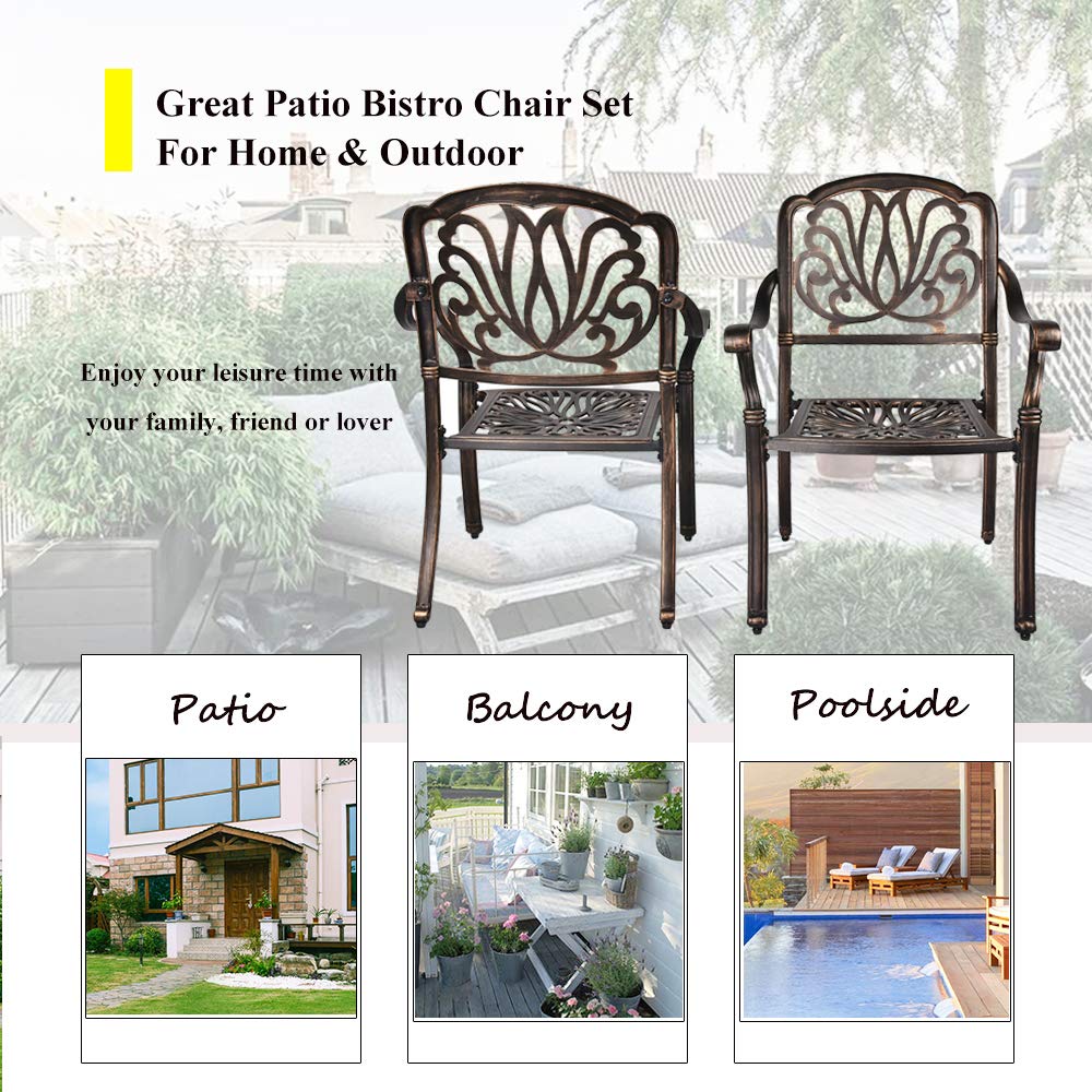 2-Piece Cast Aluminum Bistro Chair Set - Outdoor Patio Dining Furniture with Floral Design (2 Chairs) - Perfect for Garden, Balcony & Restaurant Cafe Use