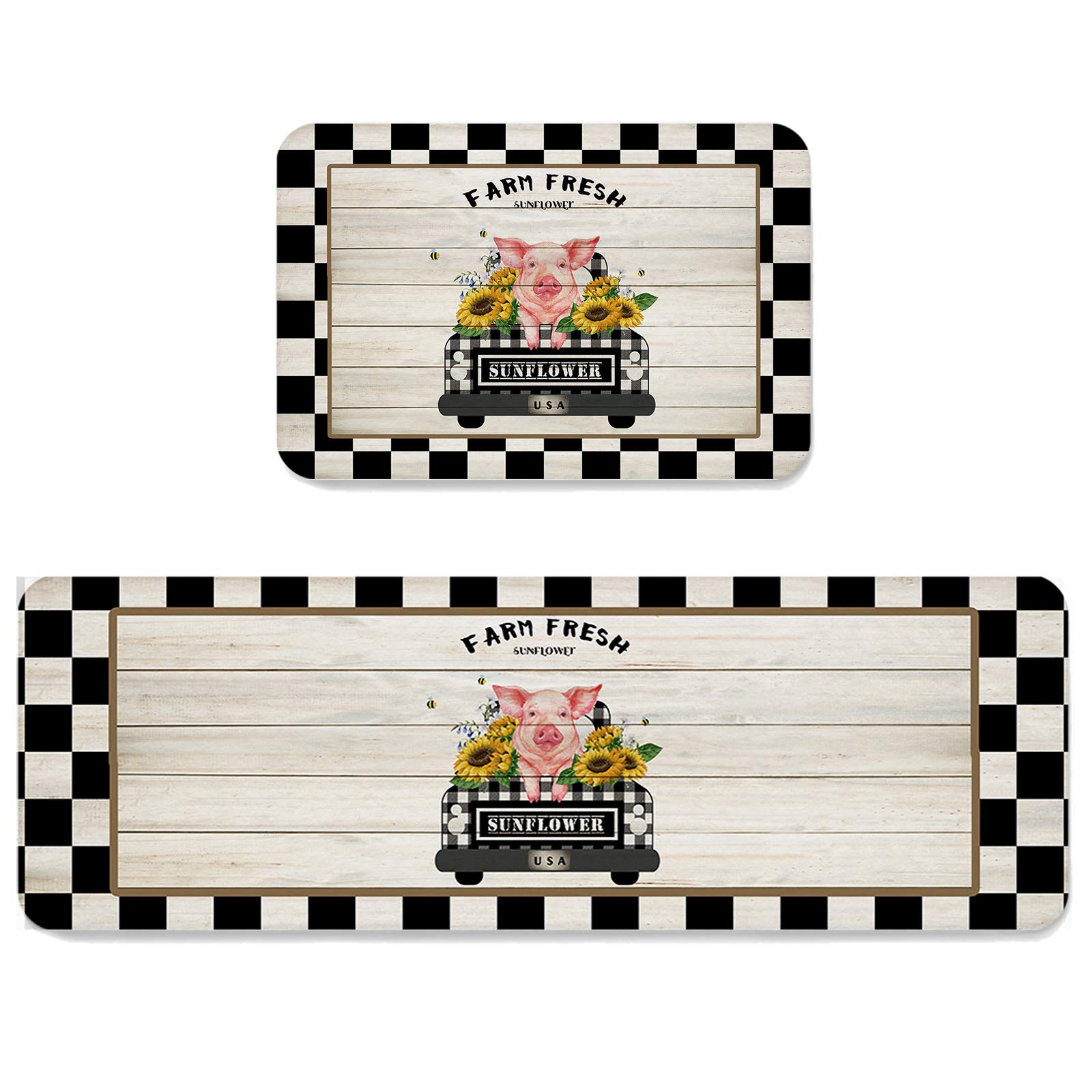 2-Piece Non-Slip Farmhouse Doormat Set - Pig & Sunflower Design Water Absorbent Kitchen Rugs for Indoor Home Decor (Black & White Lattice Pattern) - Perfect for Entryway, Kitchen, and Laundry Room Floor Protection