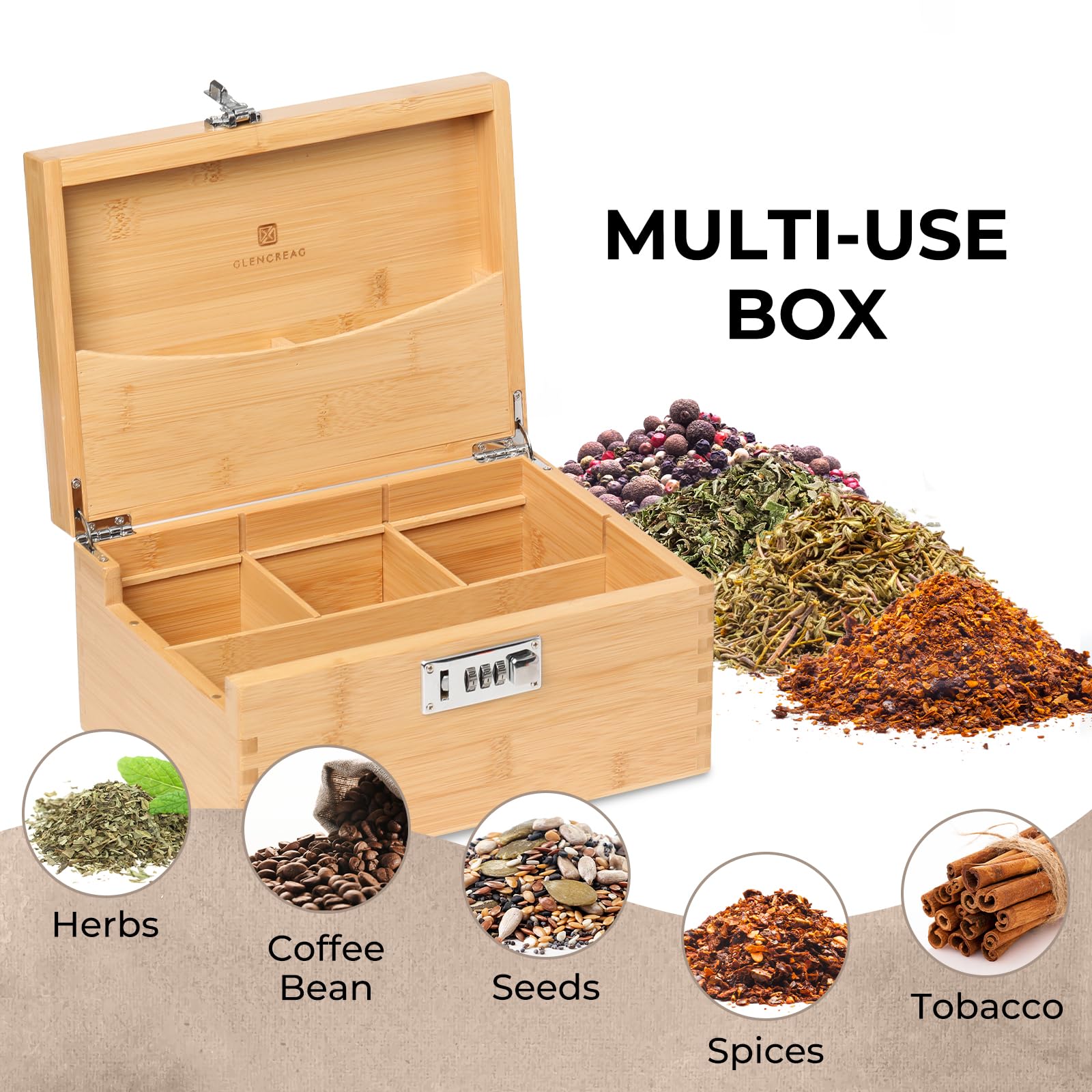 Premium Smell Proof Bamboo Stash Box with Lock - Large Rolling Tray Storage Set Includes Glass Jars & Herb Grinder - Perfect for Aromatherapy, Essential Oils & Herbal Storage - Great Gift for Men & Women