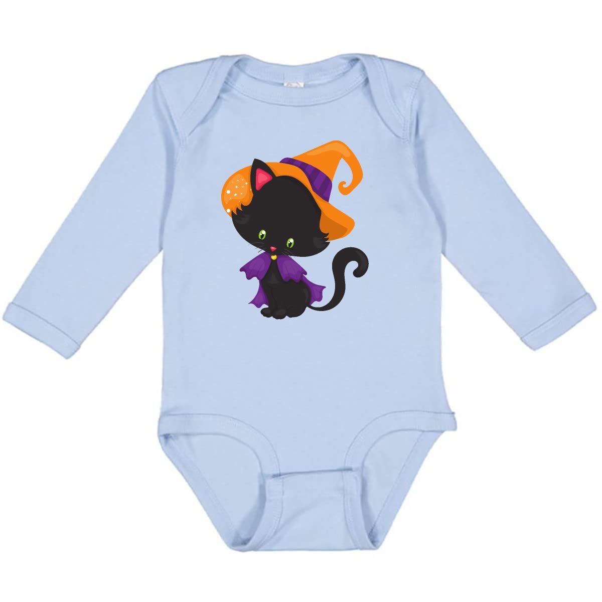 Inktastic Halloween Cat T-Shirt - Cute Black Cat with Witch Hat Long Sleeve Creeper for Women | Spooky Halloween Party Outfit, Witch Costume, Fall Festival Apparel