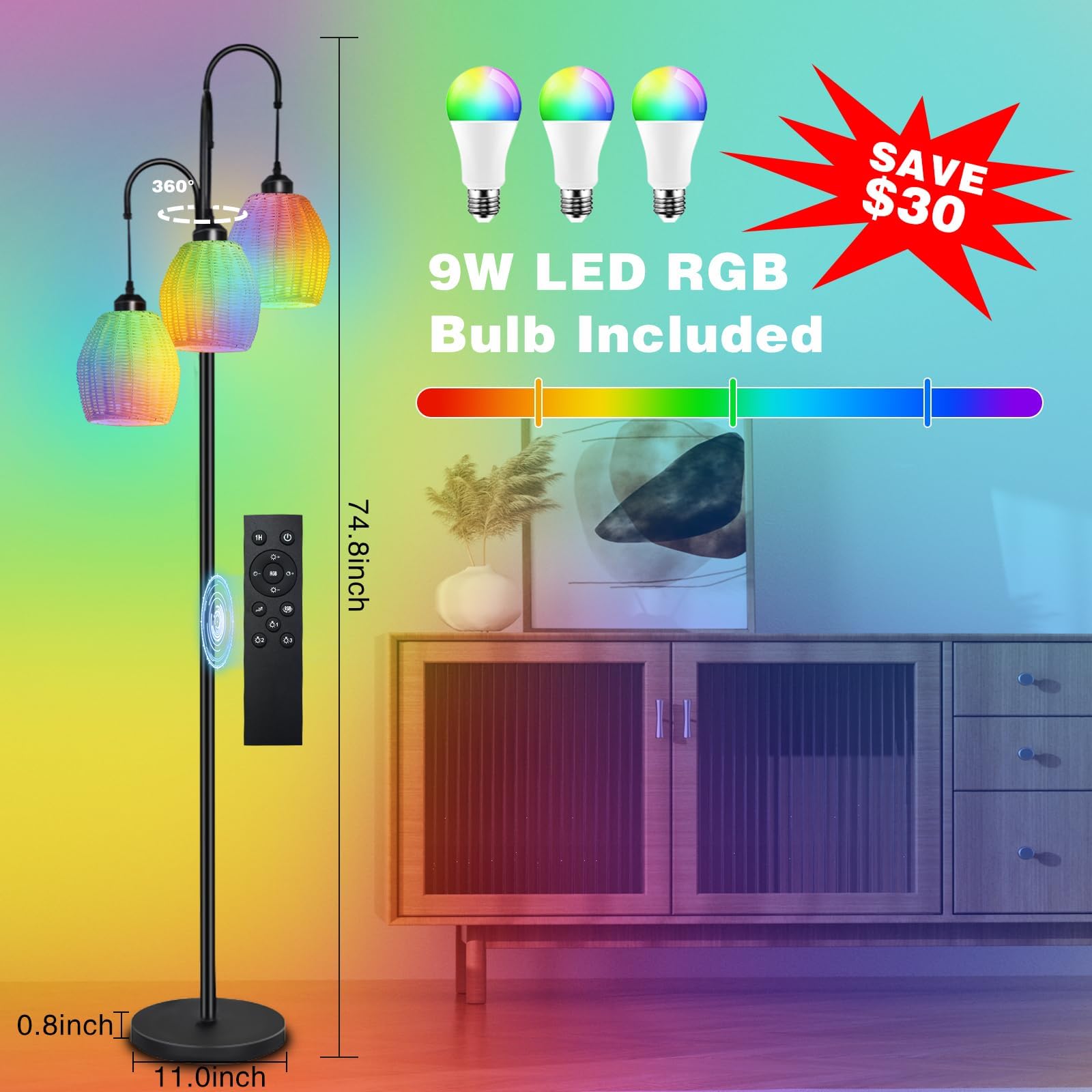 RGB Boho Floor Lamp for Living Room & Bedroom - Dimmable Rattan 3-Light Standing Lamp with App & Remote Control, Includes 3 RGB LED Bulbs | Perfect for Farmhouse Decor, Mood Lighting & Cozy Ambiance