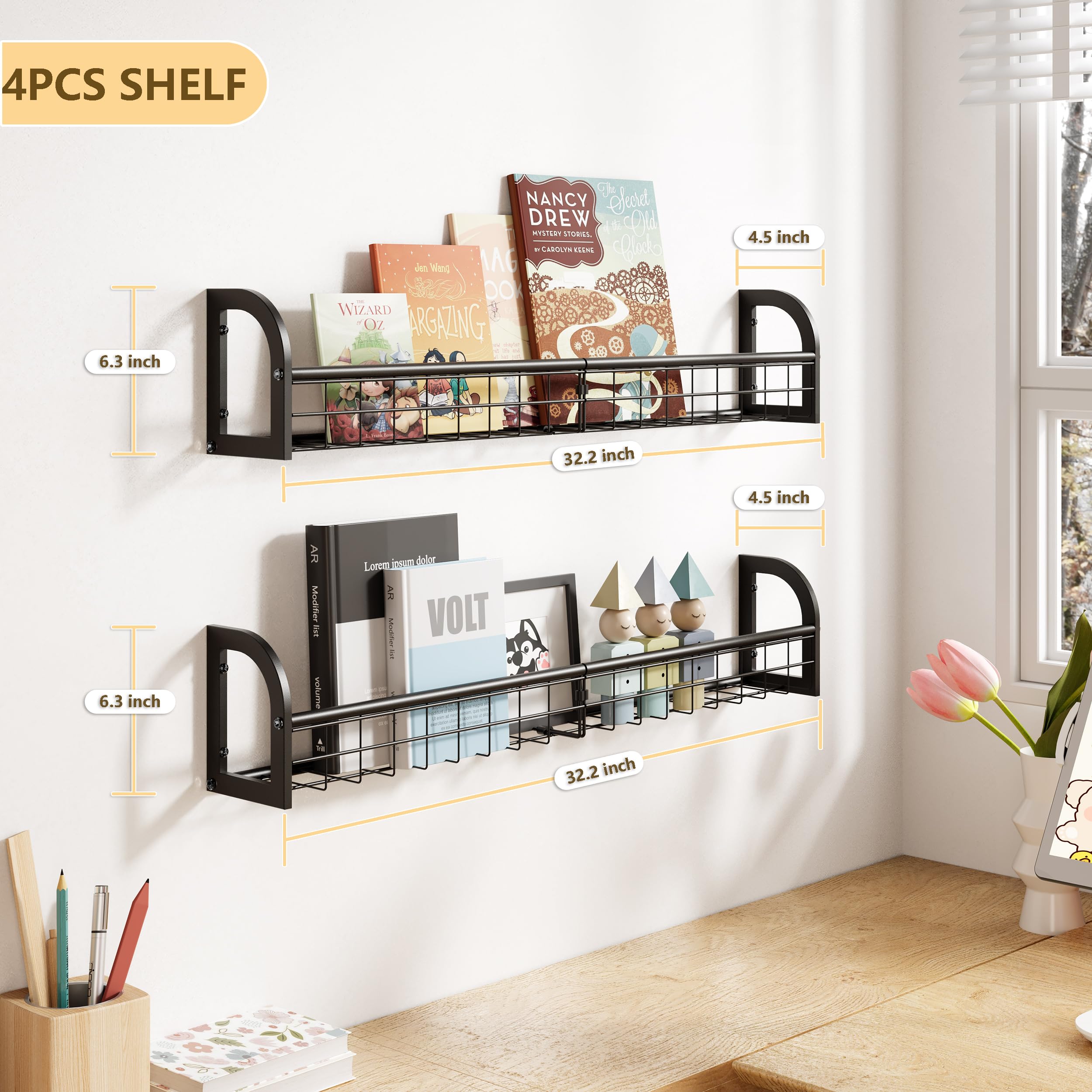 Wall Mounted Bookshelf Set of 4 - Floating Shelves for Kids Room, Nursery & Bedroom Decor - Black Metal Organizer - Perfect for Books, Toys & Display (Home & Office Use)