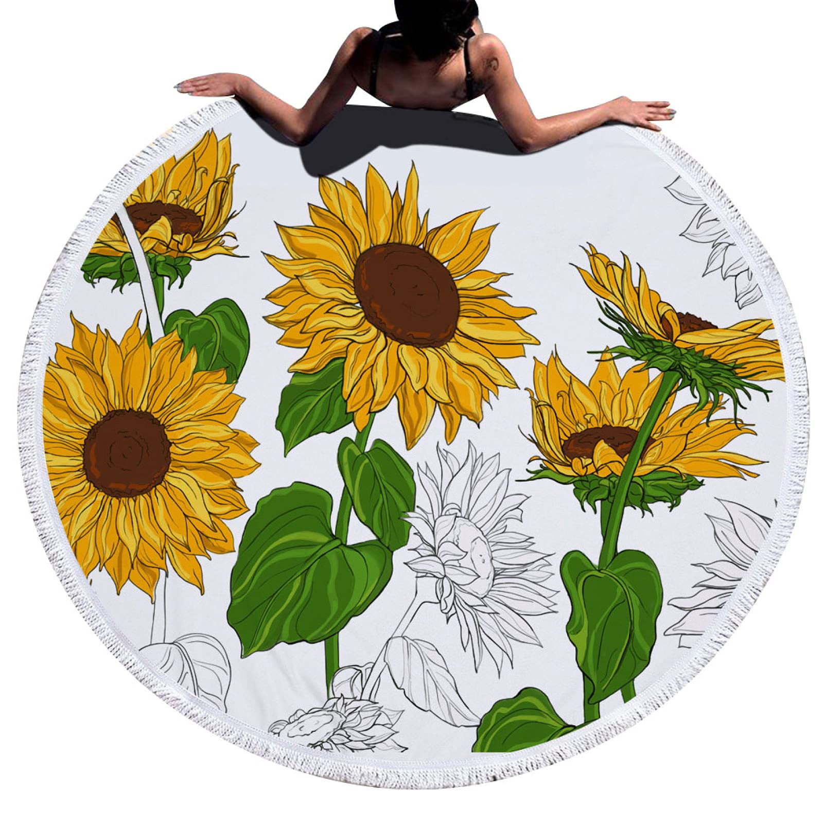 Microfiber Beach Bath Towel with Sunflower Tassels - Quick Dry, Lightweight & Soft - Perfect for Outdoor, Summer Beach, Yoga, Picnics & Poolside Lounging