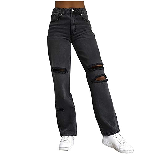 Women's Plus Size Stretch Flare Jeans - High Waist Ankle Pants in Solid Black | Fashion Blue Hole Design | Comfortable for Work, Casual & Night Out (Size M)