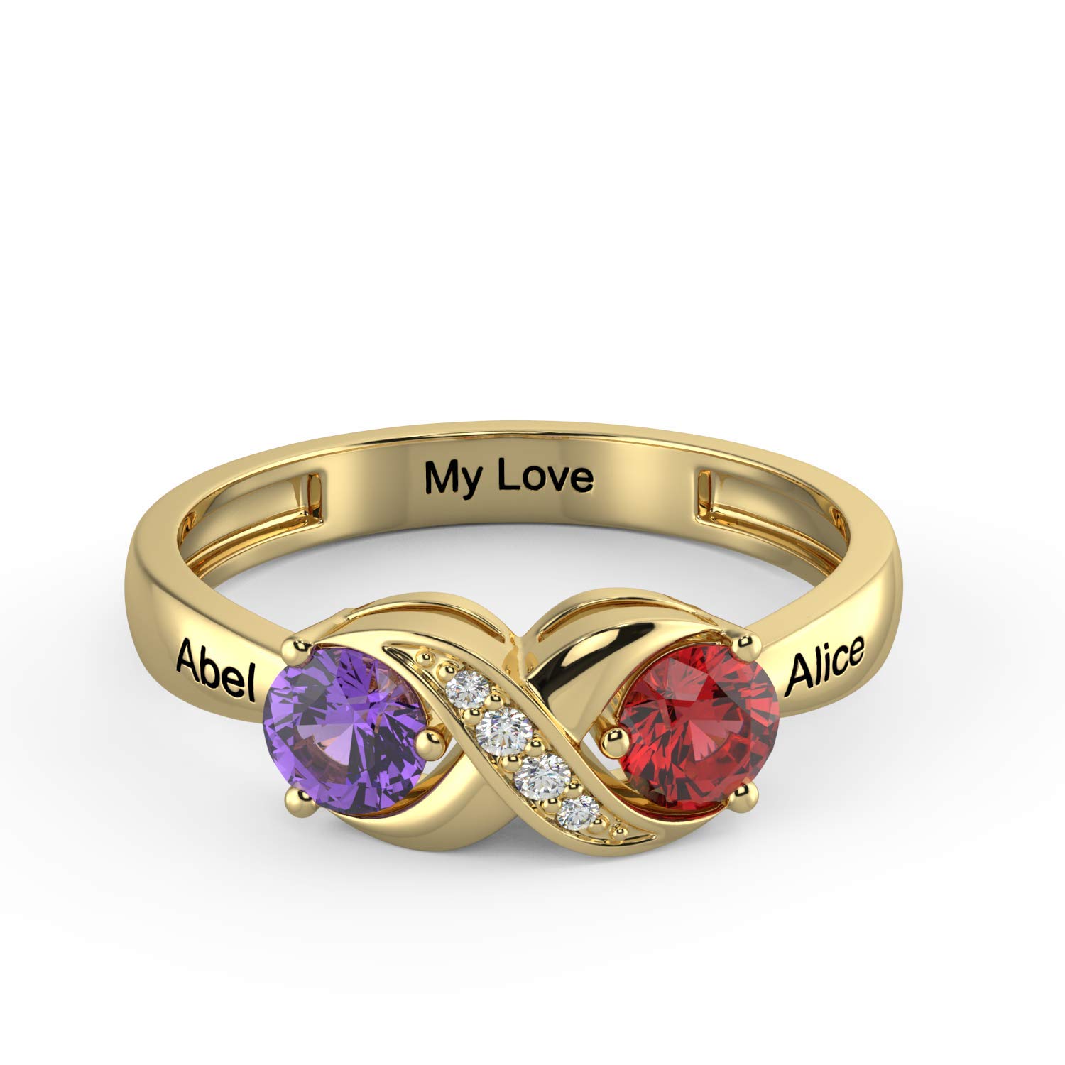 Custom Engraved Infinity Mothers Ring with 2 Round Simulated Birthstones - Personalized Promise & Engagement Ring for Women - Perfect Gift for Mom, Anniversary, Valentine's Day