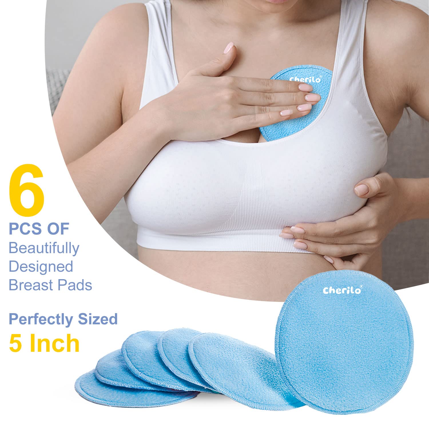 Cherilo Reusable Nursing Pads for Breastfeeding - Ultra Absorbent Washable Breast Pads for Women, 3-Layer Overnight Protection, Skin-Friendly & Leak-Proof (Sky Blue, 6 Pack) - Perfect for Daily Use, Nighttime Comfort & Active Moms