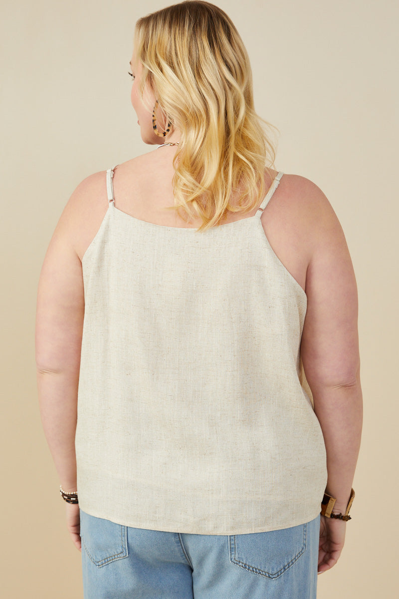 Women's Ruffled Tape Trim Linen Tank Top - Breathable Summer Blouse for Casual Outings & Beach Wear