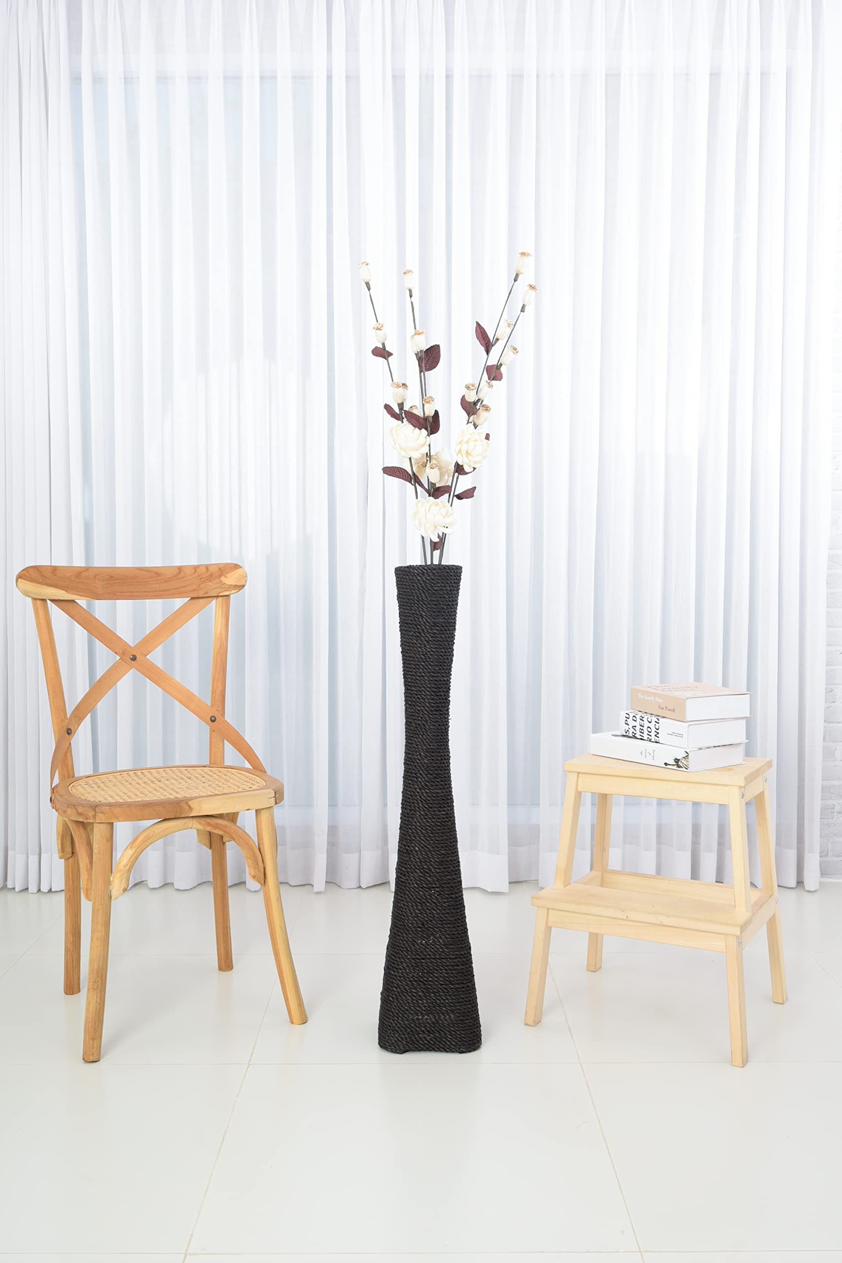Leewadee 36-inch Large Black Floor Vase - Handmade Bamboo & Bast Flower Holder, Elegant Funnel Vessel for Decorative Branches - Perfect for Living Room Decor, Wedding Centerpieces & Boho Home Styling