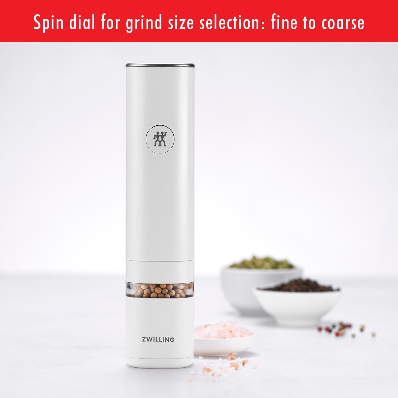 ZWILLING Enfinigy Electric Salt and Pepper Mill Set - Battery Operated, Adjustable Grinder for Fresh Seasoning - Perfect for Kitchen, Dining Table, and Gourmet Cooking - White