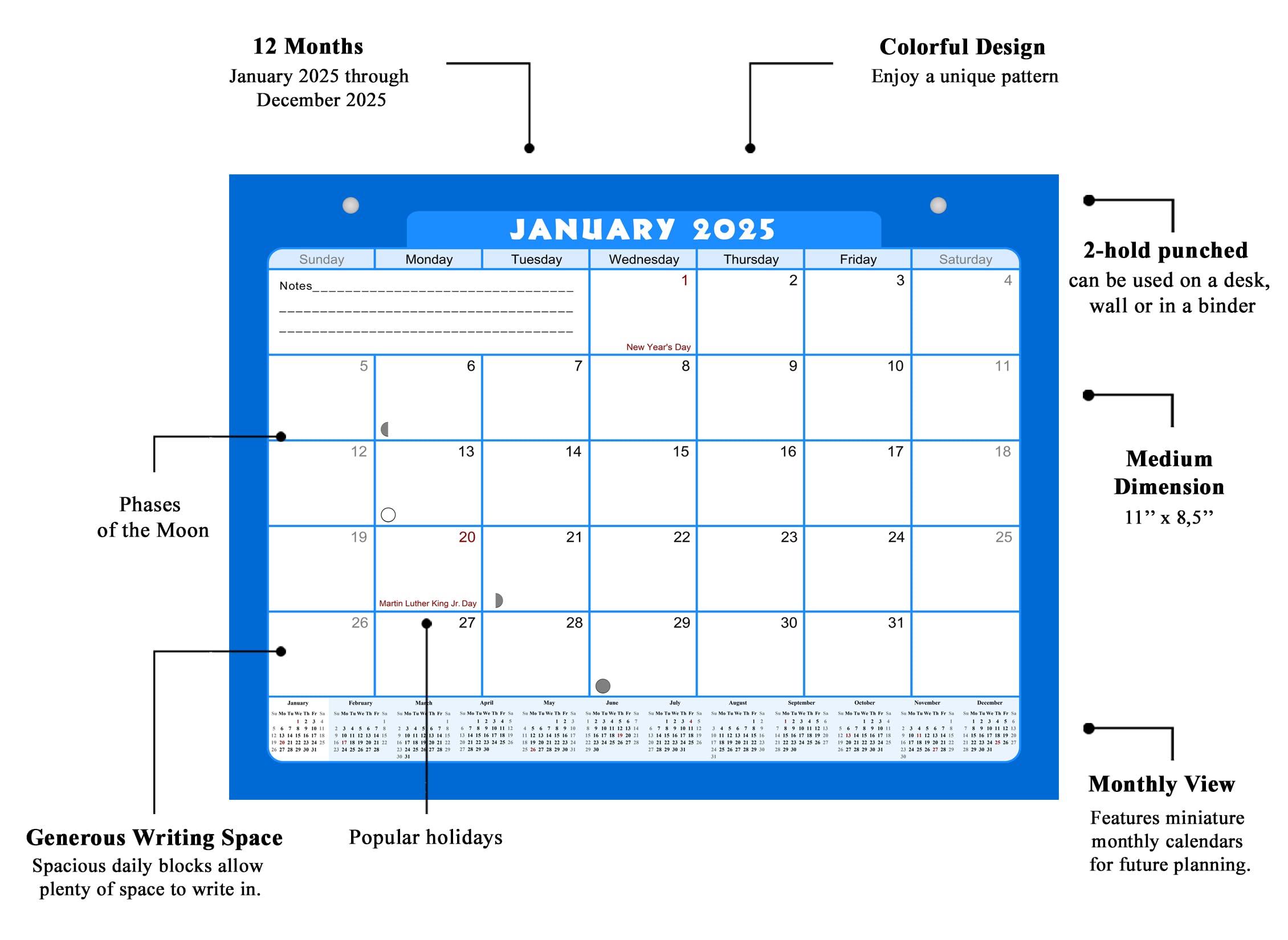 2025 Calendar - 12 Month Student Planner for 3-Ring Binder, Desk & Wall | Academic Schedule Organizer, School & Office Use | Perfect for Homework Tracking & Time Management