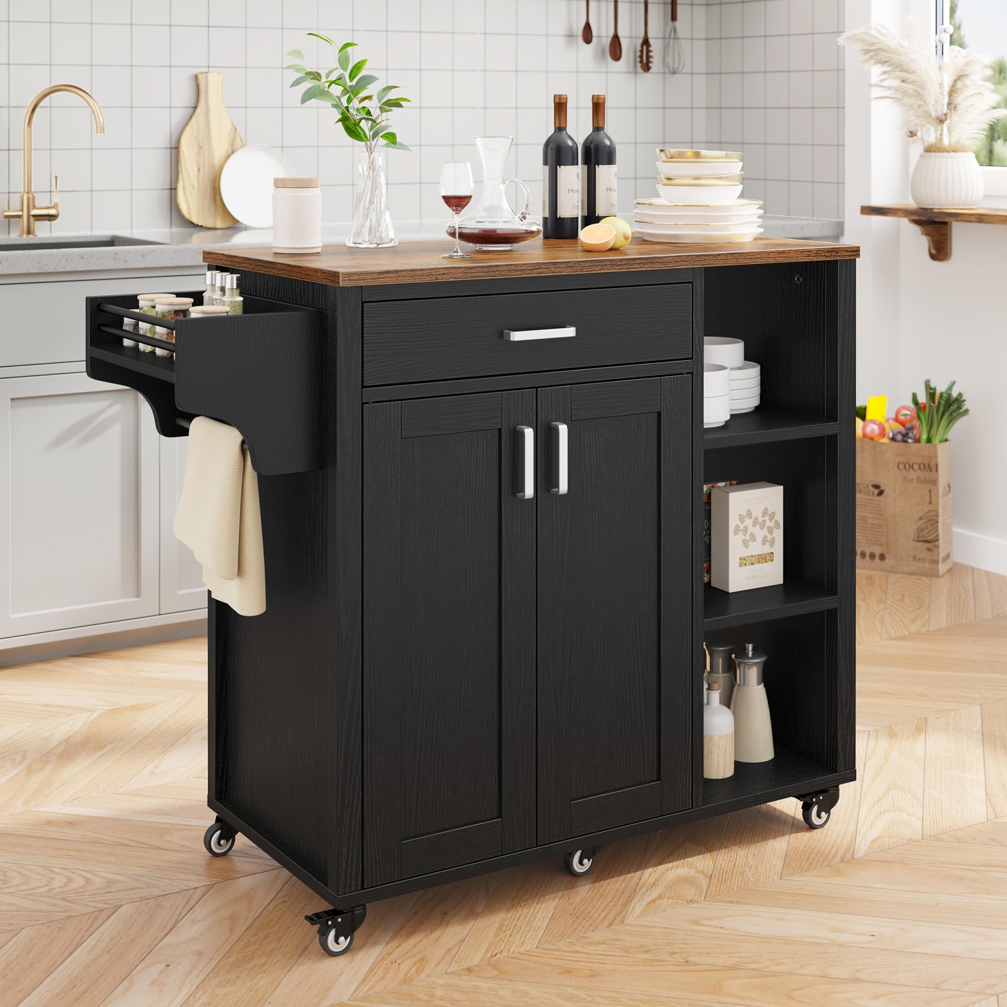 YITAHOME 48-Inch Kitchen Island Cart with Storage, Rolling Mobile Kitchen Cart with 2 Doors, 4 Drawers, Open Shelves & Wine Rack - Perfect for Small Kitchens, Apartments & Dining Rooms - Black