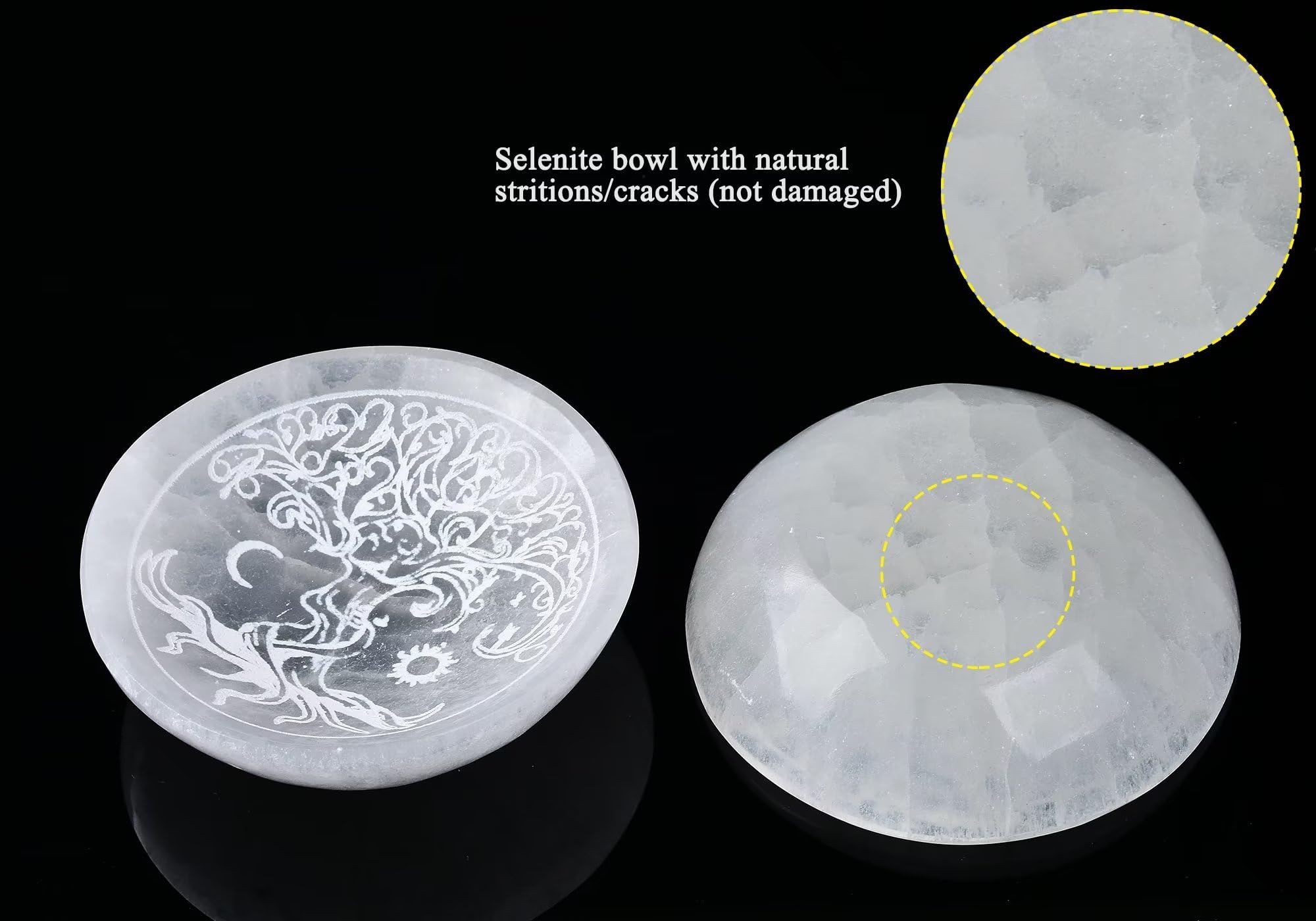 AMOYSTONE Natural Selenite Crystal Bowl - Charging Plate with Tree of Life Engraving | Energy Cleansing & Meditation Accessory for Home, Office & Spiritual Healing