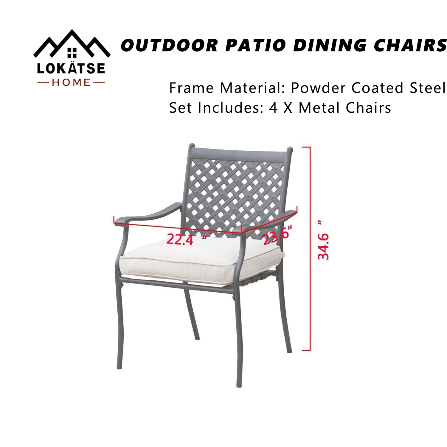 LOKATSE HOME 4-Piece Outdoor Patio Dining Set - Wrought Iron Metal Chairs with Arms & Beige Cushions - Perfect for Garden, Backyard, Poolside & Patio Furniture