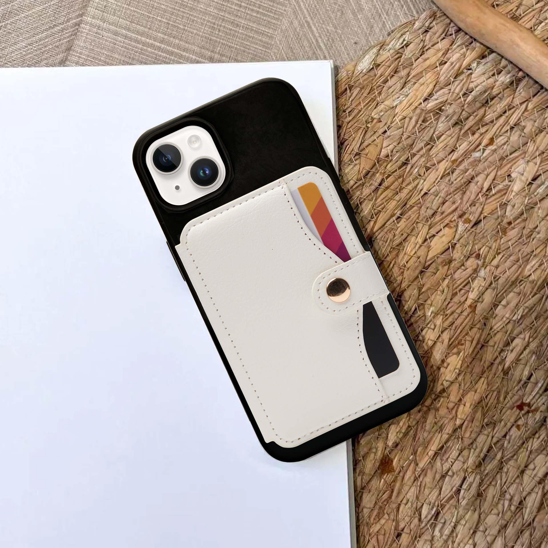 M-Plateau Stick On Phone Wallet - Slim Leather Card Holder with Snap Closure for Most Smartphones (White) | Perfect for Contactless Payments, ID Storage & Everyday Essentials While On-The-Go
