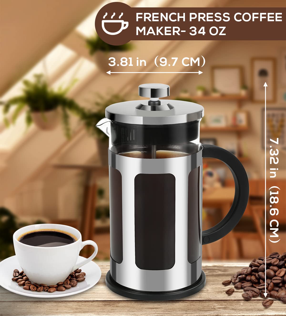 FAVIA 34oz French Press Coffee Maker - Heat Resistant Borosilicate Glass & Stainless Steel Filter - Perfect for Home, Office, Camping & Travel (34 Ounce, Silver)