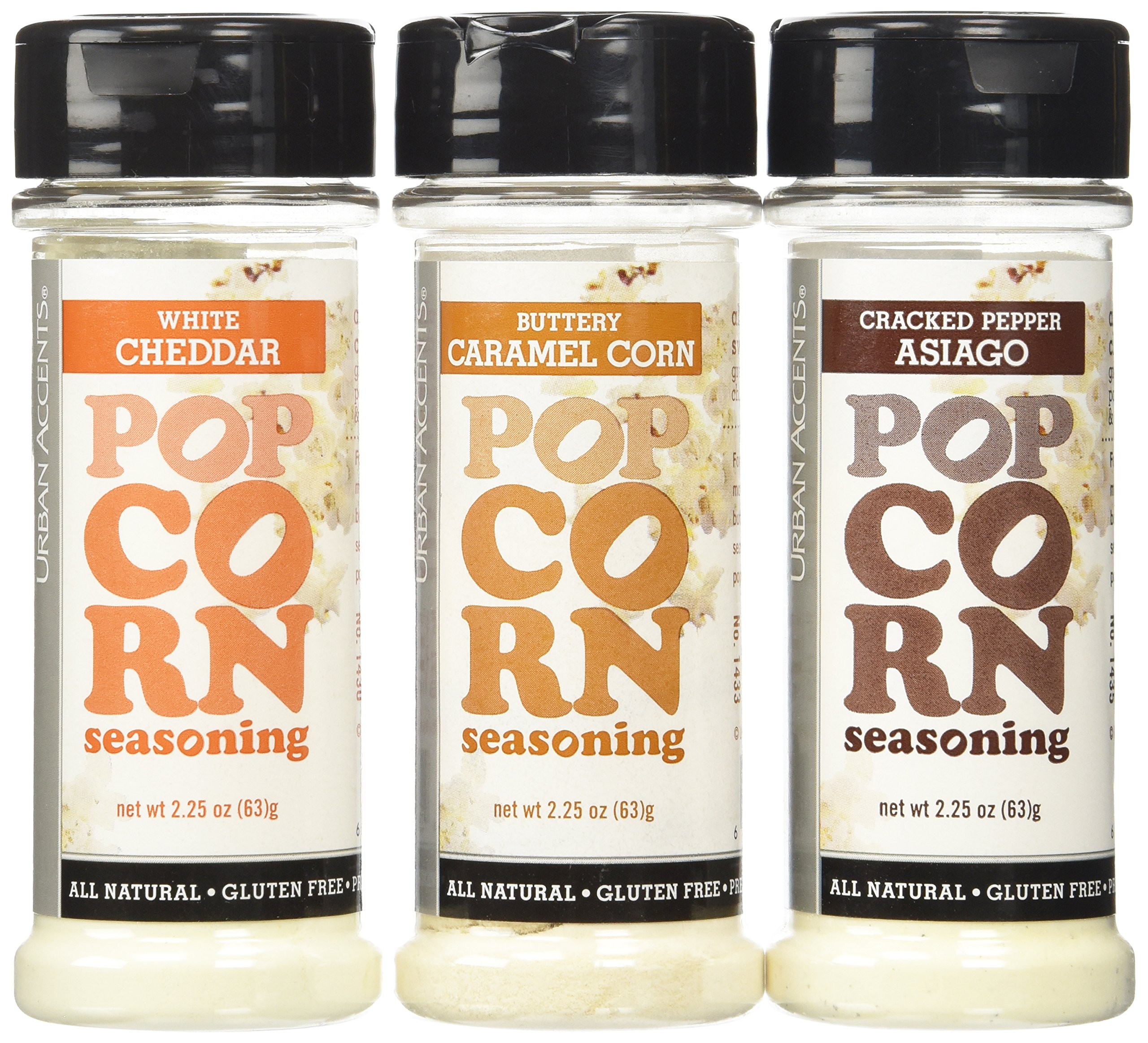 Urban Accents All Natural Popcorn Seasoning Variety Pack - Gluten Free, Non-GMO (Buttery Caramel, Cracked Pepper Asiago, White Cheddar) - Perfect for Movie Nights, Snacking & Party Favors