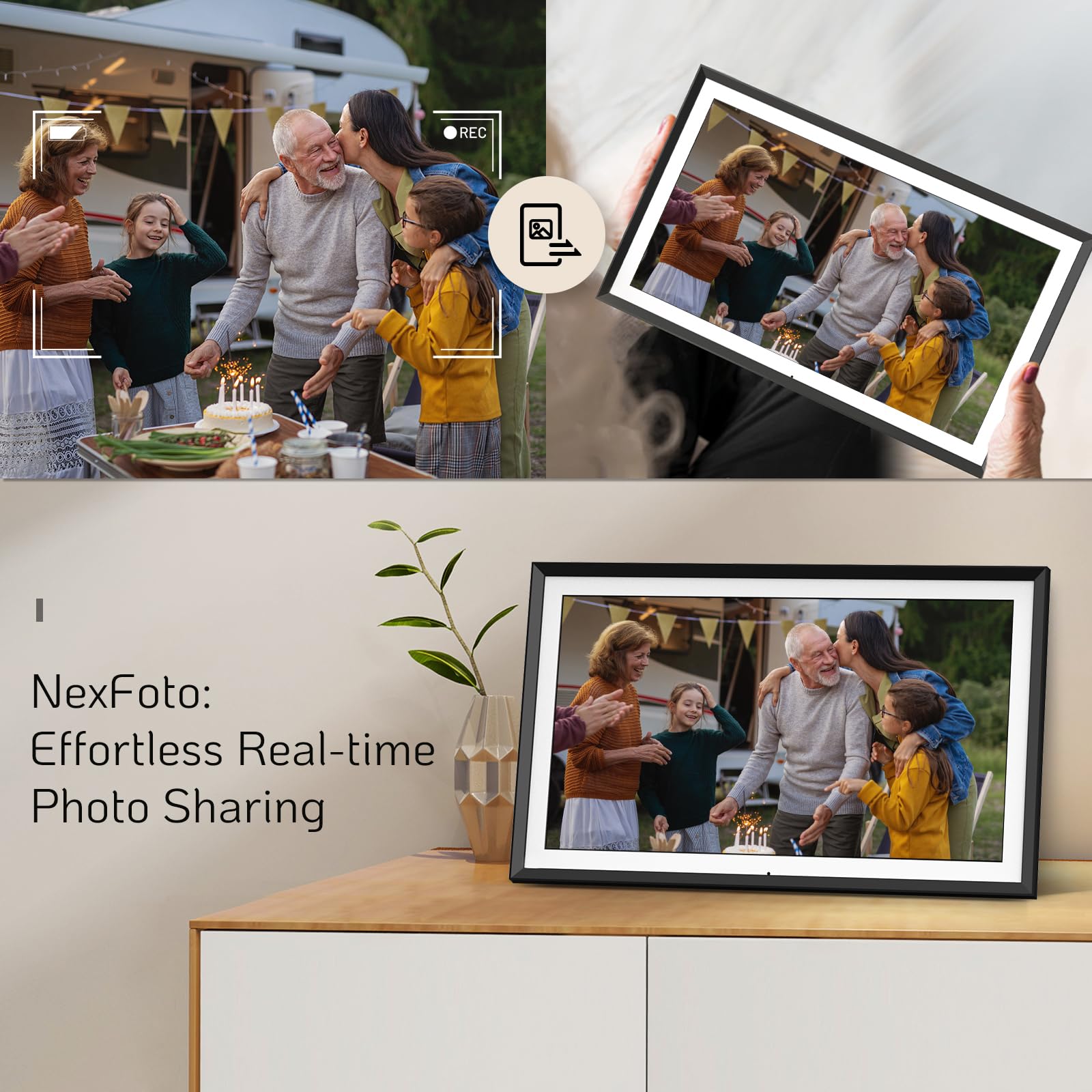Nexfoto 15.6 Inch FHD Digital Picture Frame - 64GB Storage, WiFi & Remote Control, 1920x1080 IPS Touch Screen - Easy Photo Sharing via App - Perfect Gift for Mom, Dad, Family - Ideal for Home Decor, Office Display & Special Occasions