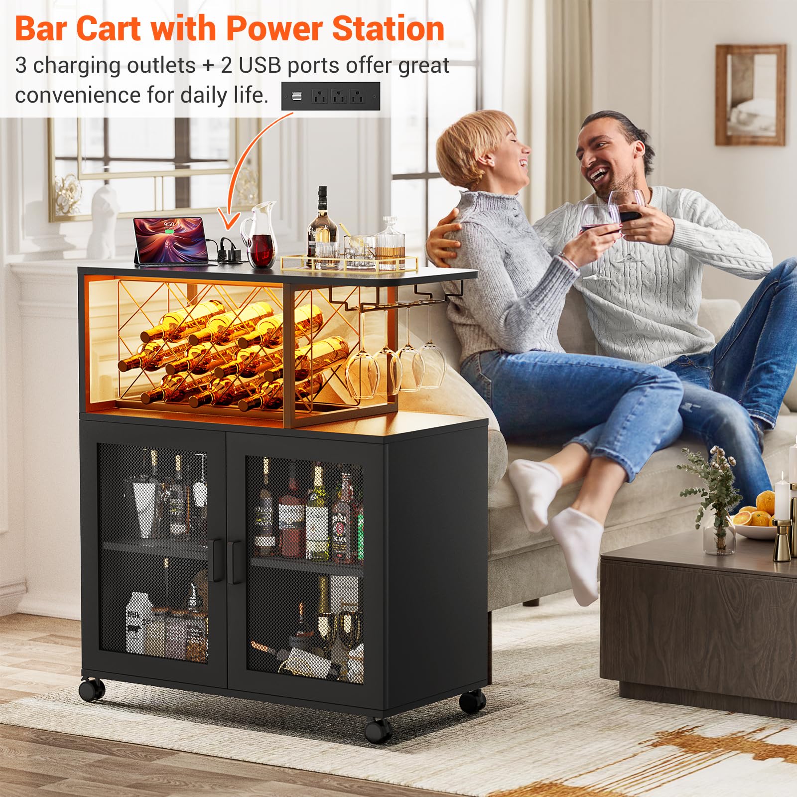 Premium Rolling Bar Cart with LED Lights & Power Outlets - Mobile Liquor Cabinet with Wine Rack & Glass Storage - Ideal for Home Bars, Kitchen, Dining Room & Living Room - Elegant Black Finish