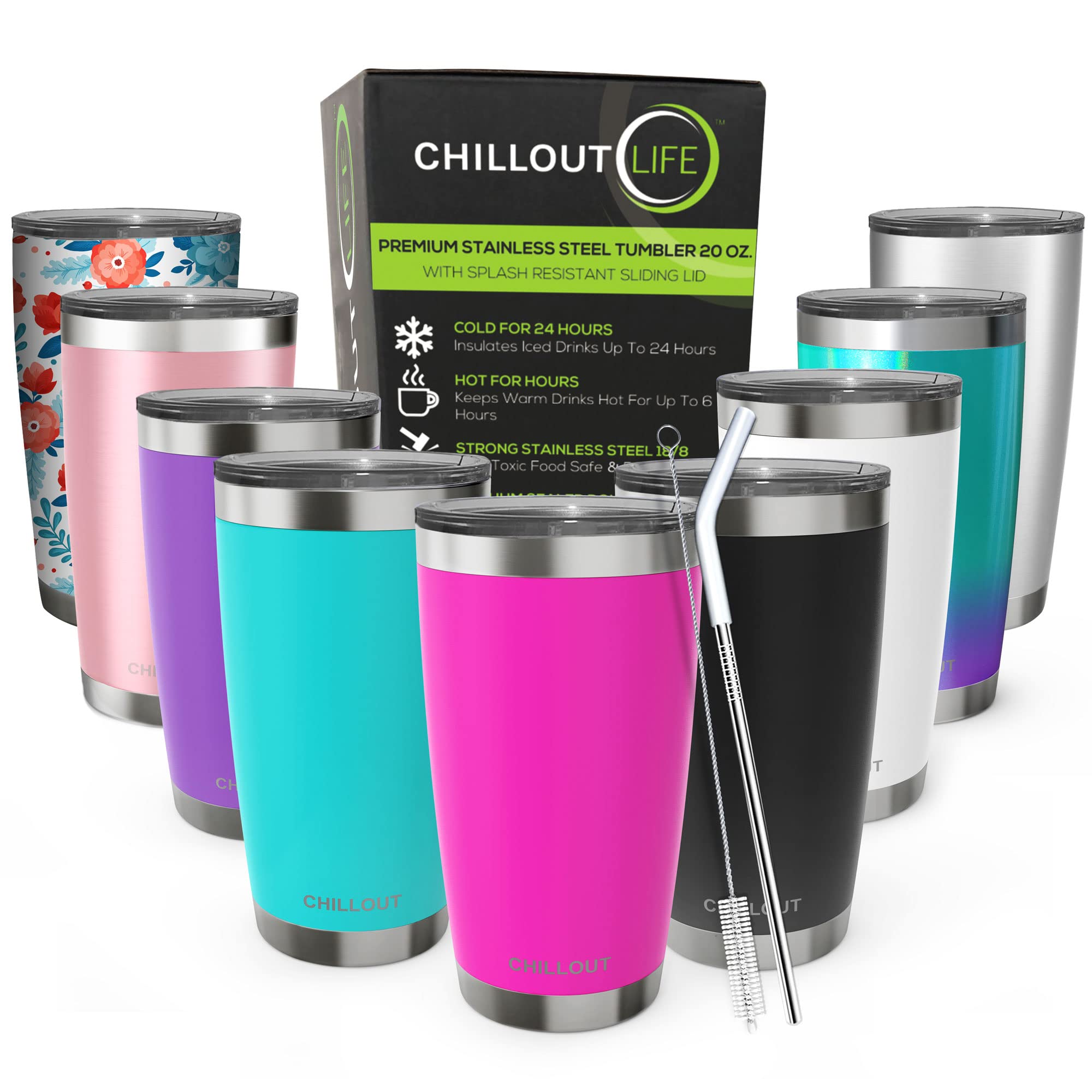 CHILLOUT LIFE 20 oz Stainless Steel Tumbler with Lid - Double Wall Vacuum Insulated Coffee Mug for Hot & Cold Drinks, Leak Proof Lid with Straw, Pink Travel Tumbler - Perfect for Office, Gym, Hiking and Outdoor Activities