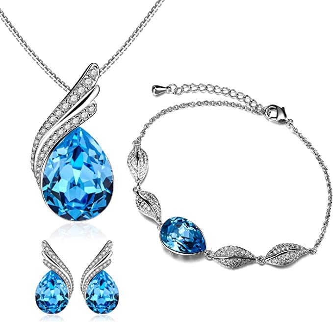 Elegant 18K White Gold Blue Sapphire Jewelry Set - Necklace, Bracelet & Earrings for Women | Perfect for Weddings, Parties & Special Occasions