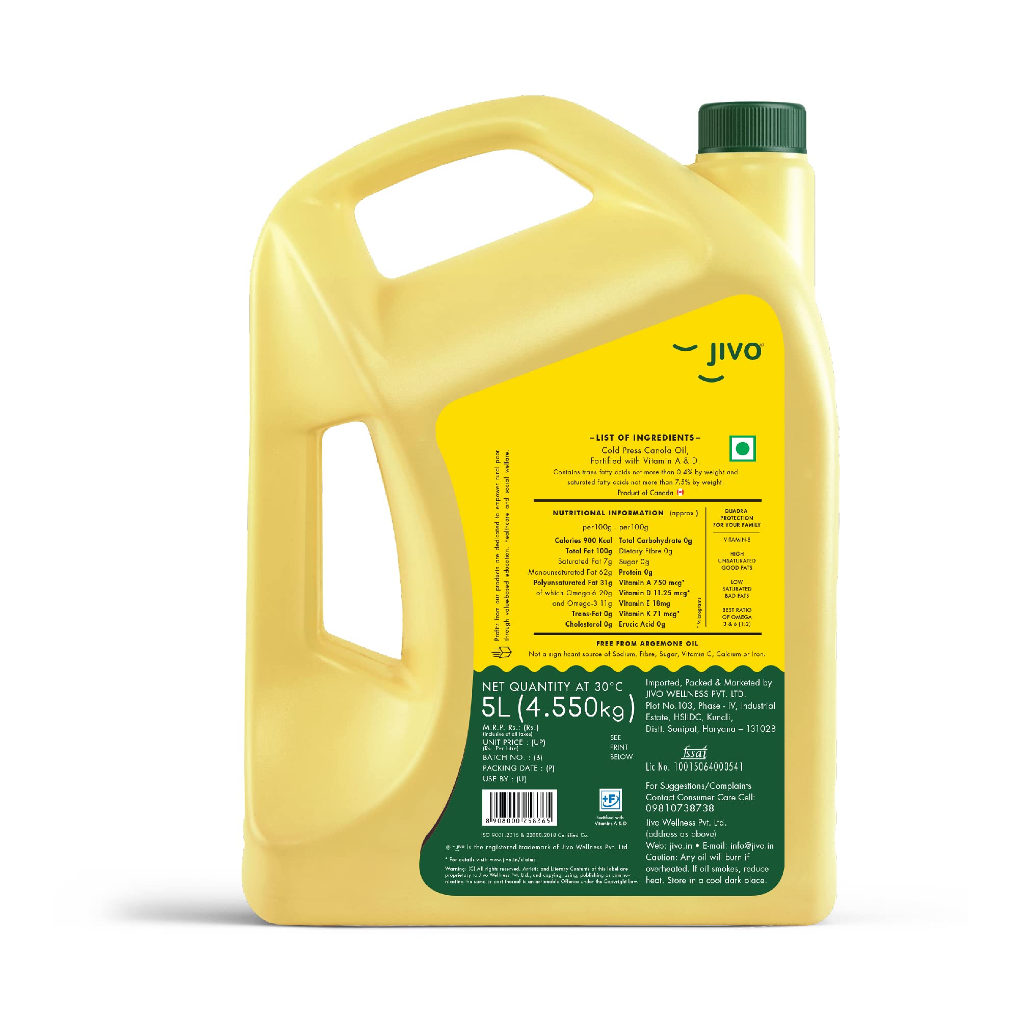 Jivo Cold Pressed Canola Oil 5L + Chemical-Free Kachi Ghani Mustard Oil 1L (6L Pack) | Healthy Cooking Oil for Frying, Baking & Roasting | Perfect for Indian, Asian & International Cuisines | Ideal for Home Cooking & Restaurant Use