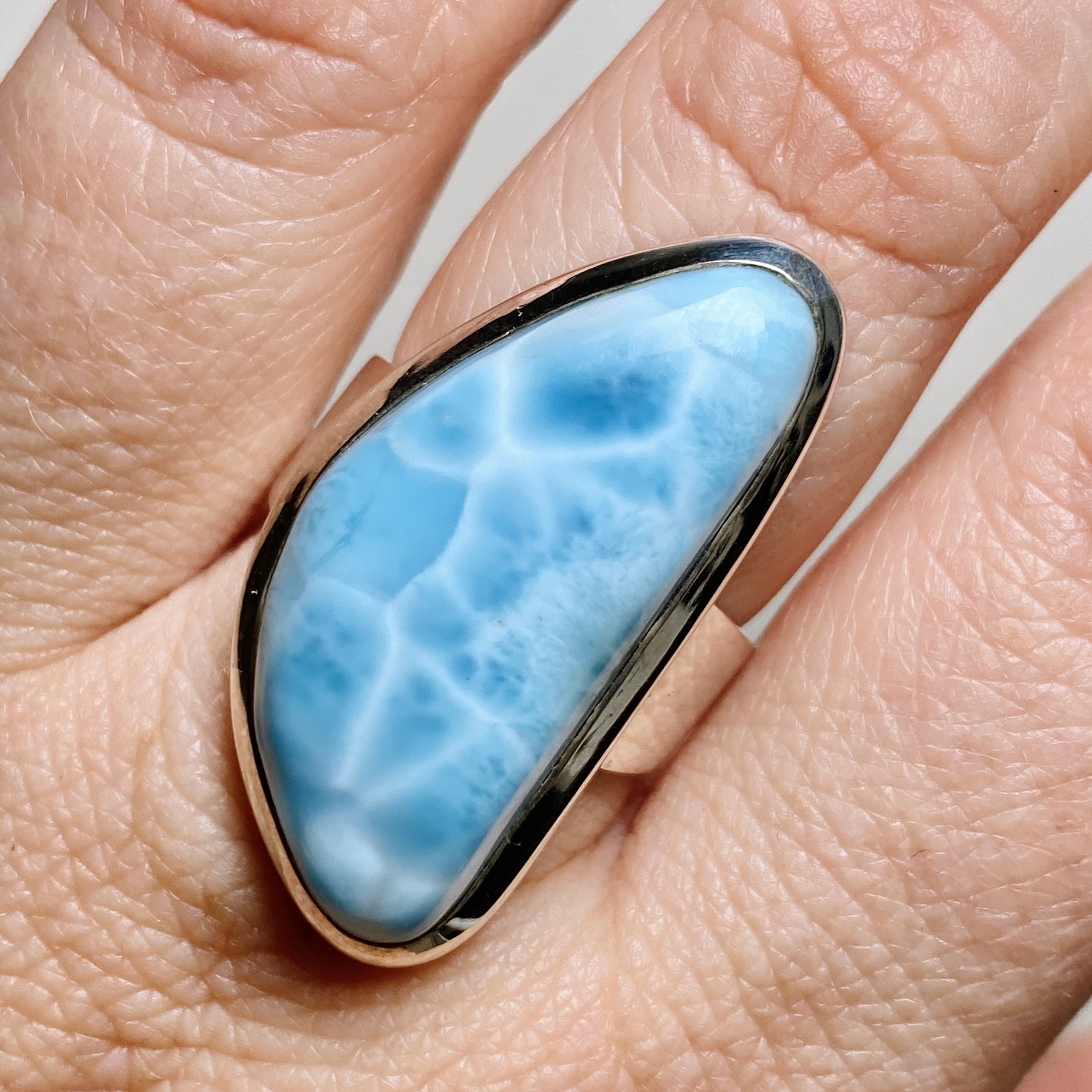 Larimar Freeform Cabochon Ring - Size 7.5 - Handcrafted Sterling Silver Jewelry - Perfect for Boho Fashion, Beach Wedding & Everyday Wear