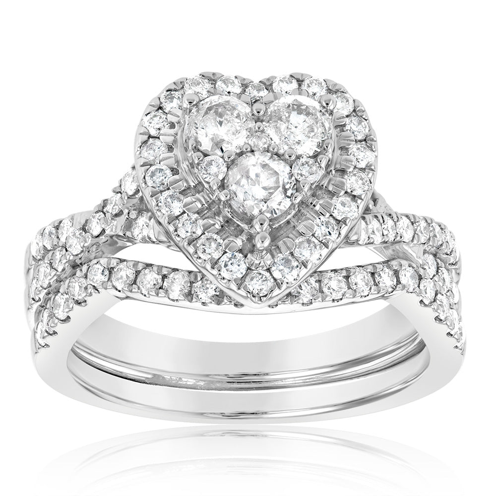 9ct White Gold 1 Carat Cluster Heart Diamond Engagement Ring Set - Perfect for Proposals, Anniversaries & Bridal Jewelry Gifts