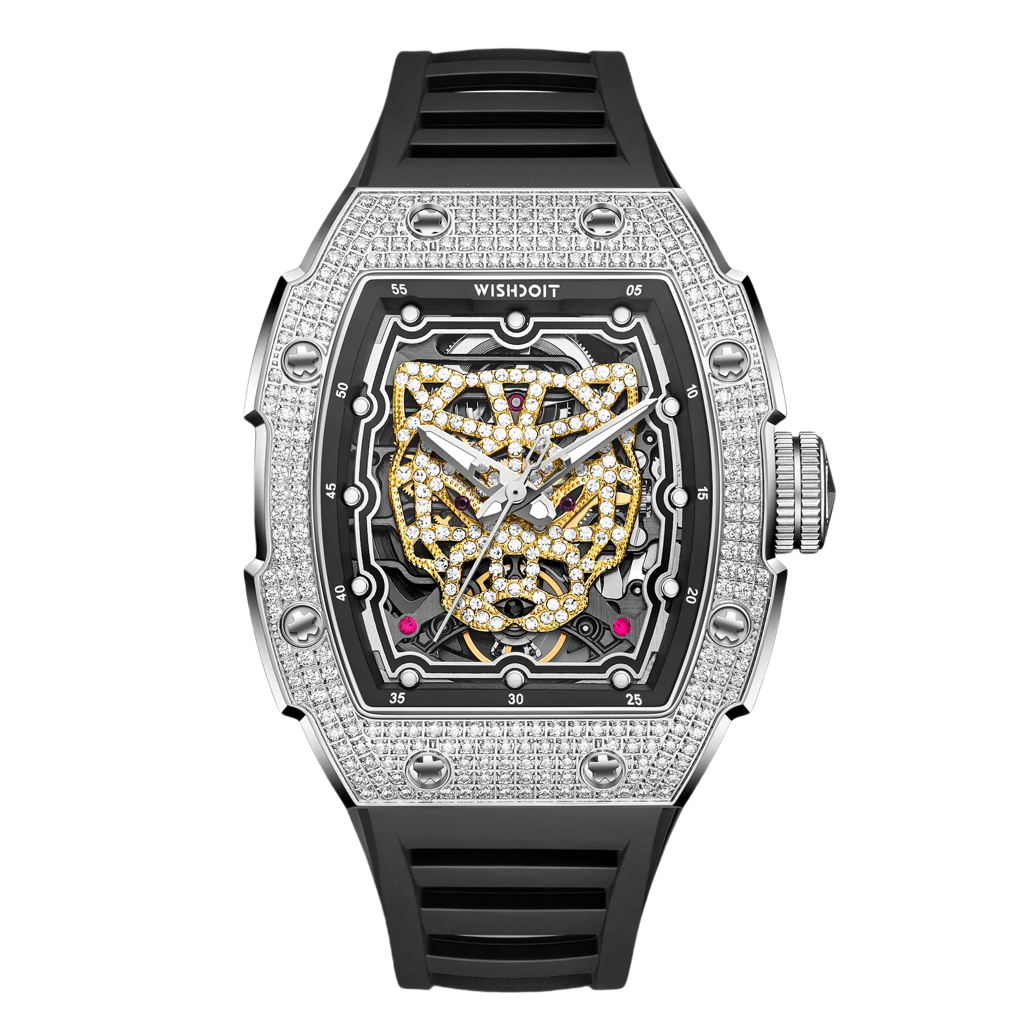 SNOW LEOPARD Diamond Automatic Skeleton Watch for Men - Luxury Stainless Steel Mechanical Timepiece with Transparent Dial - Perfect for Business, Formal Events & Gift Giving