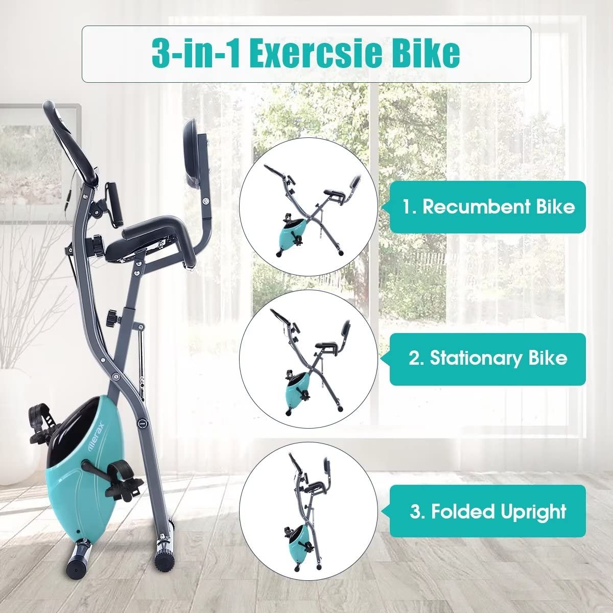 Merax Foldable Exercise Bike - 3-in-1 Magnetic Stationary Bike with 16-Level Resistance, 300LB Capacity for Home Workout | Indoor Cycling Fitness Equipment for Cardio Training & Weight Loss