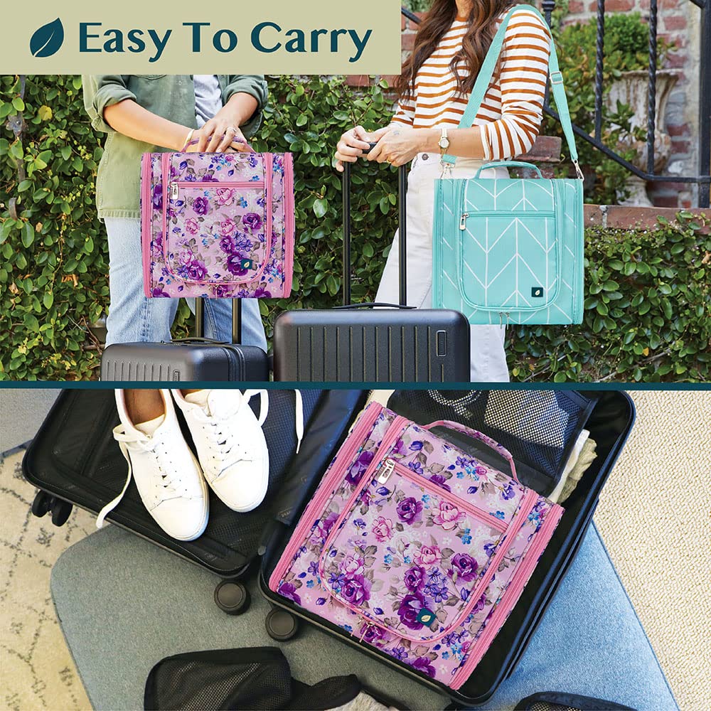 PAVILIA Large Hanging Toiletry Bag - Waterproof Travel Cosmetic Organizer for Women & Men - Floral Pink for Trips & Gyms