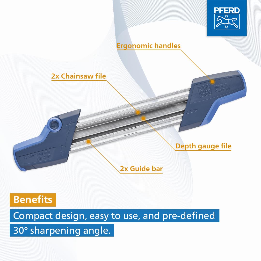 PFERD 17304 Professional Chainsaw Sharpener Kit - 7/32 Inch File with Built-in Depth Gauge | Ergonomic Design for Easy Sharpening | Perfect for Wood Cutting, Tree Trimming & Forestry Work