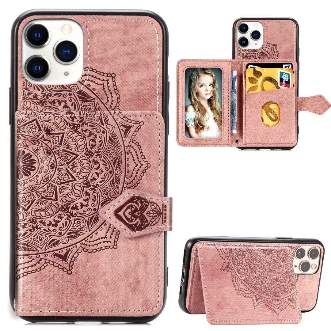 iPhone 11 Pro Max Case with Card Holder & Kickstand - Slim Leather Flip Wallet Case for Women, Mandala Flower Embossed Design, Pink | Perfect for Daily Use, Travel & Hands-Free Viewing