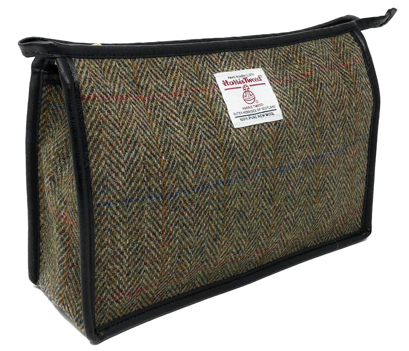 Scott & MacKenzie Harris Tweed Green Herringbone Toiletry Bag for Men & Women - Premium Travel Wash Bag for Toiletries, Cosmetics & Shaving Essentials - Perfect for Vacation, Business Trips & Gym