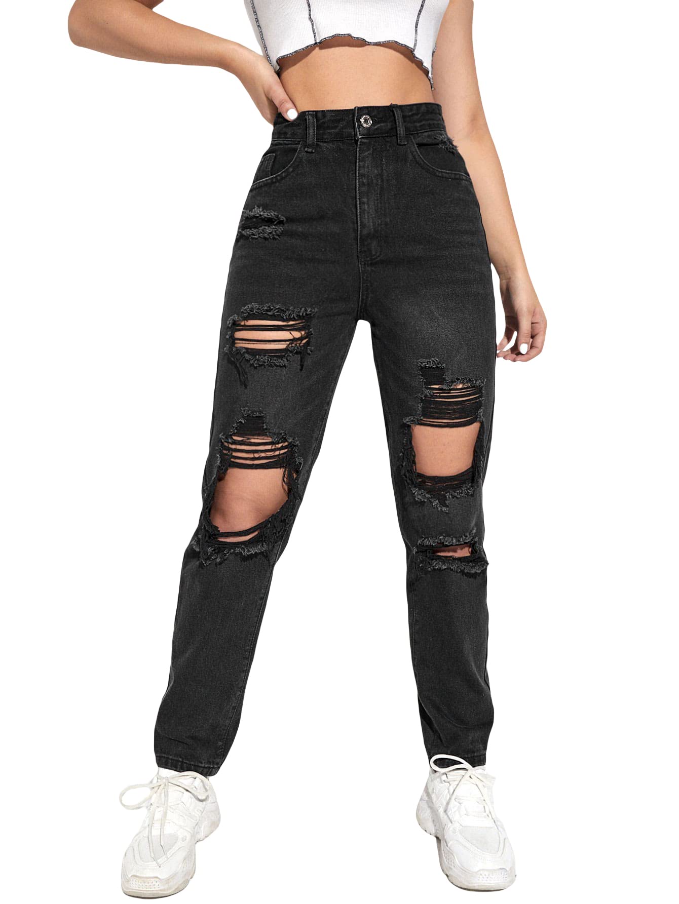 Floerns Women's High Waist Straight Leg Ripped Jeans - Distressed Denim Pants for Casual Wear, Street Style & Everyday Outfits | Trendy Vintage Look for Women's Fashion
