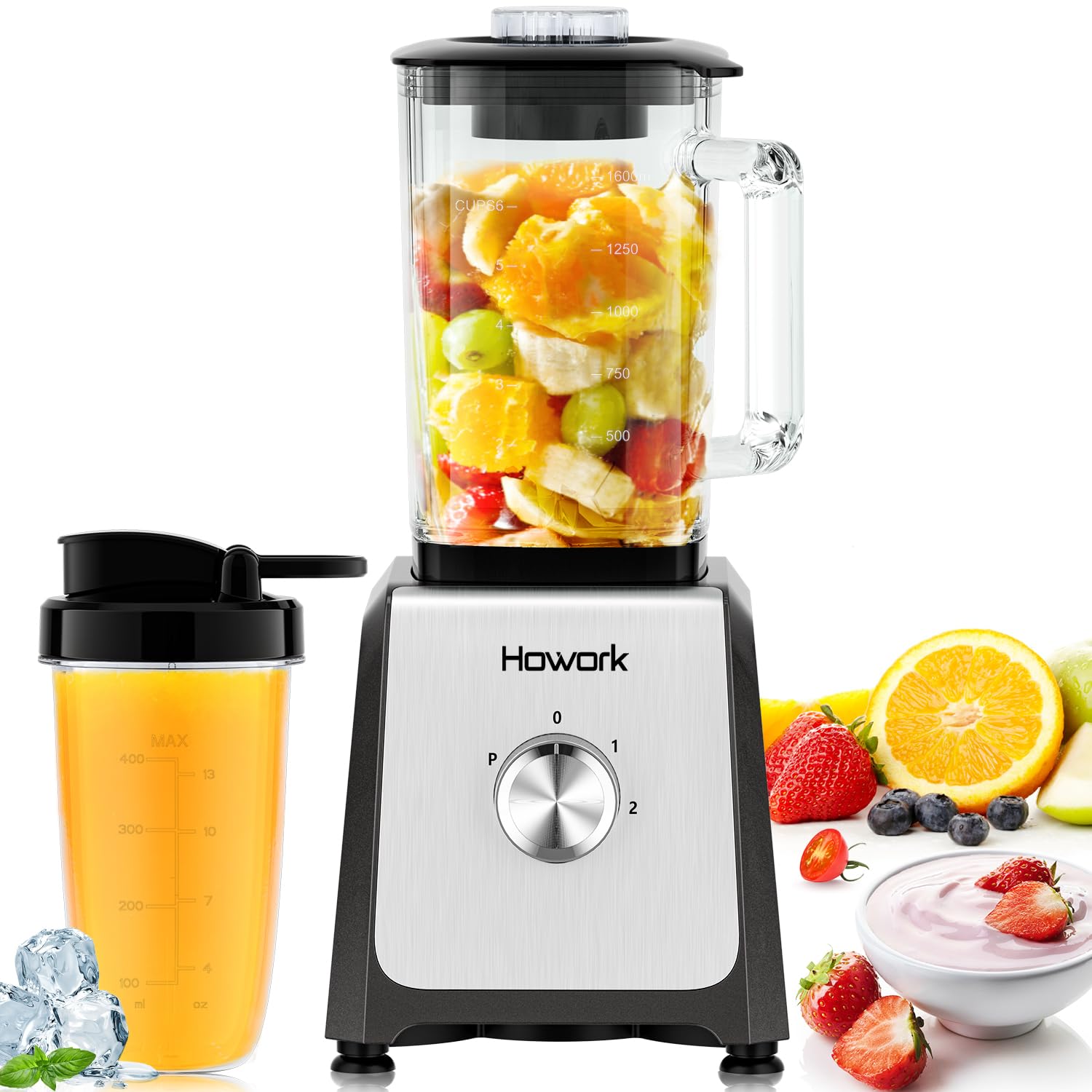 HOWORK 750W High-Speed Blender for Smoothies, Frozen Drinks & Ice Cream - 56oz Glass Jar with 16oz Portable Cups - 2+ Pulse Speed & 3 Functions - Perfect for Home, Gym & Office Use (Grey)