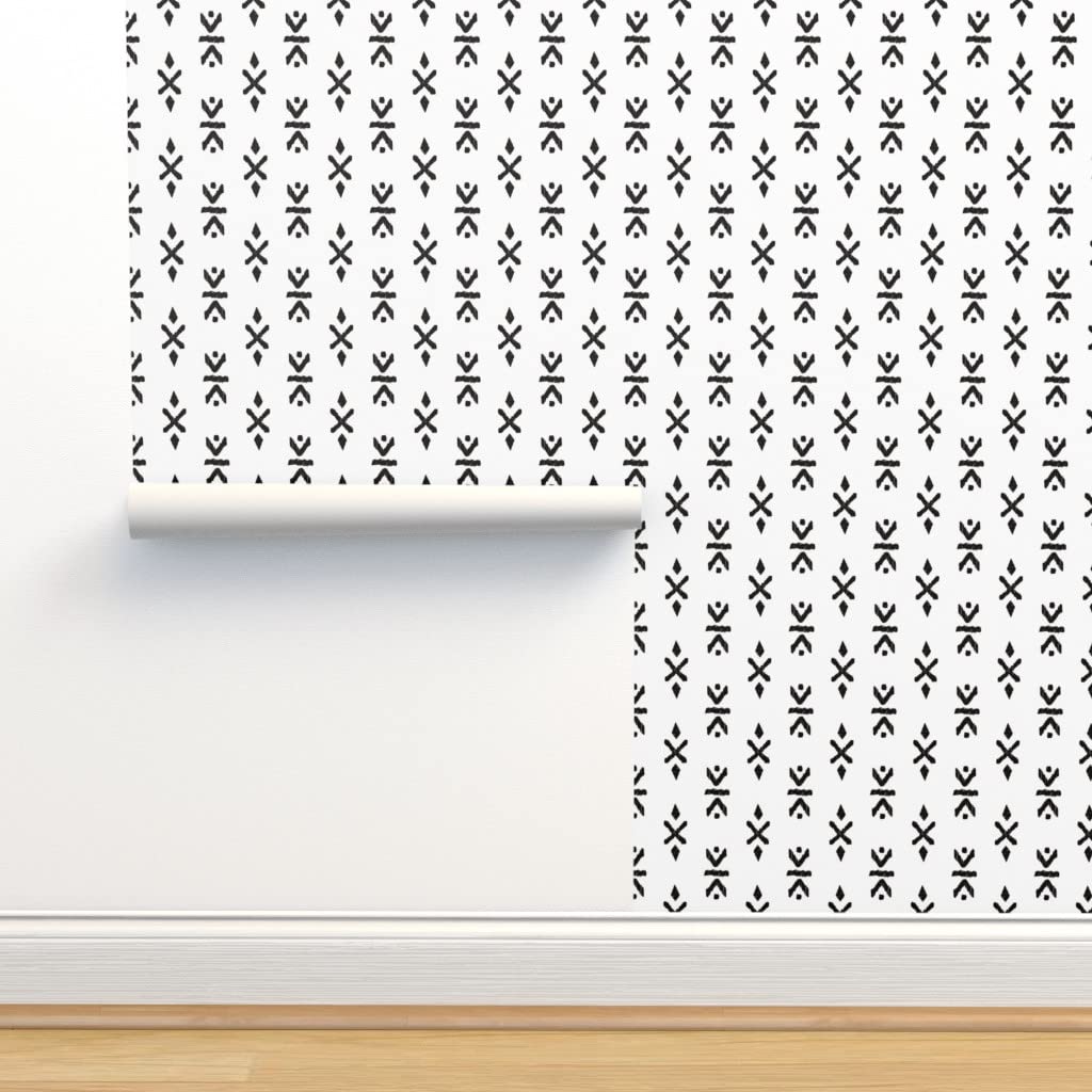 Peel & Stick Wallpaper 9ft x 2ft - Monochrome Boho Summer Print Black White Gender Neutral Bohemian Ikat Arrows Festival Southwestern Custom Removable Wallpaper | Perfect for Bedroom, Nursery, Office & Dorm Decor