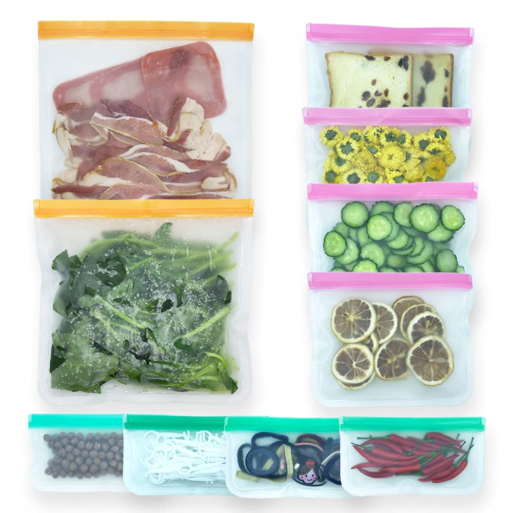 Eco-Friendly Reusable Food Storage Bags 10 Pack - BPA Free Flat Freezer Bags (2 Gallon + 4 Leakproof Sandwich + 4 Snack Bags) | Plastic-Free Lunch Storage for Meal Prep, School, Travel & Camping