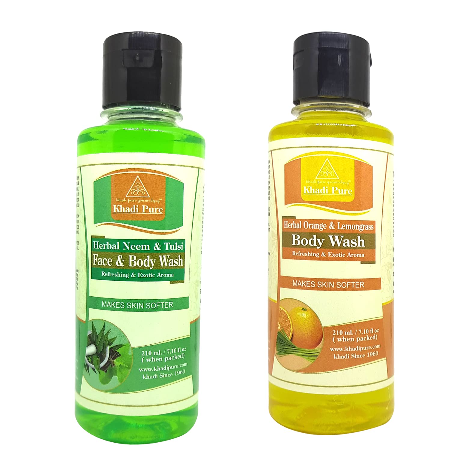 Khadi Pure Neem Tulsi & Orange Lemongrass Body Wash for Sensitive Skin - 210ml (Pack of 2) | Natural Ayurvedic Cleanser with Antibacterial Properties | Perfect for Daily Shower & Spa Relaxation