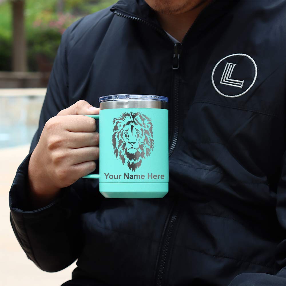 LaserGram 15oz Vacuum Insulated Stainless Steel Coffee Mug with Lid - Custom Engraved Tyrannosaurus Rex Dinosaur Design, Leakproof Travel Tumbler for Hot & Cold Drinks - Perfect Gift for Office, Camping, Hiking (Teal)